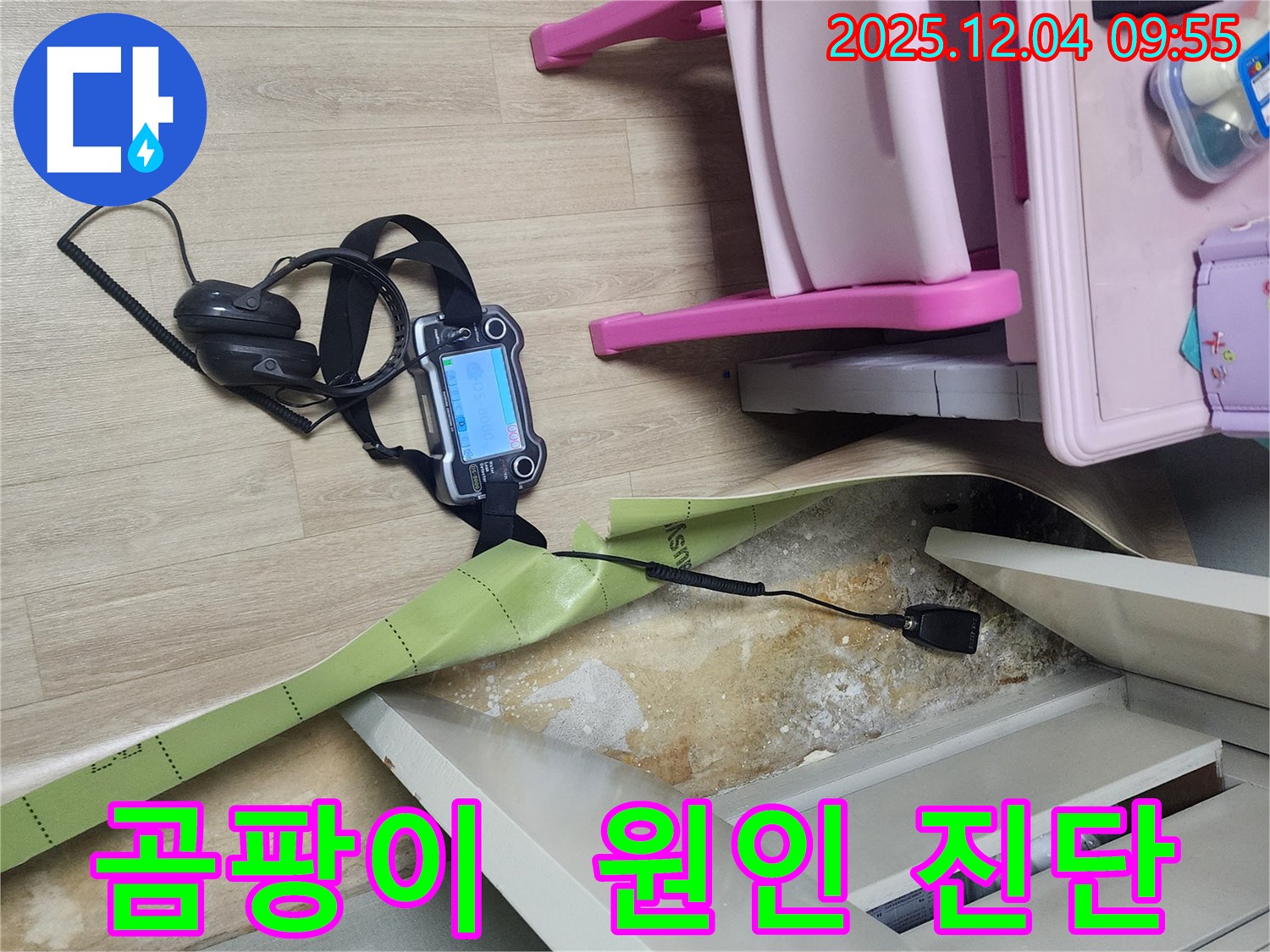 경기도 포천시 일동면 유동리 누수 현장 - 곰팡이가 핀 벽면, 누수 탐지 장비로 정확한 원인을 찾고 있습니다.