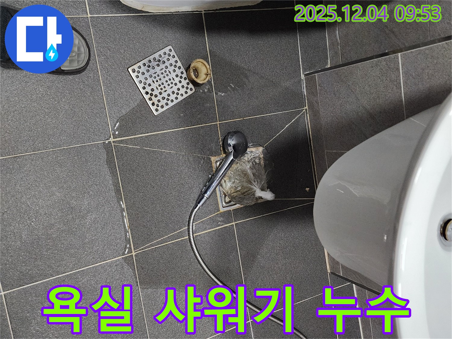 유동리 욕실 샤워기 누수 현장 - 샤워기 헤드와 연결 부위에서 물이 새는 모습이 담겨 있습니다.