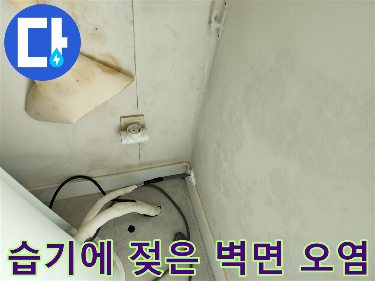배관 근처 벽지의 습기 침투와 검은 곰팡이 흔적