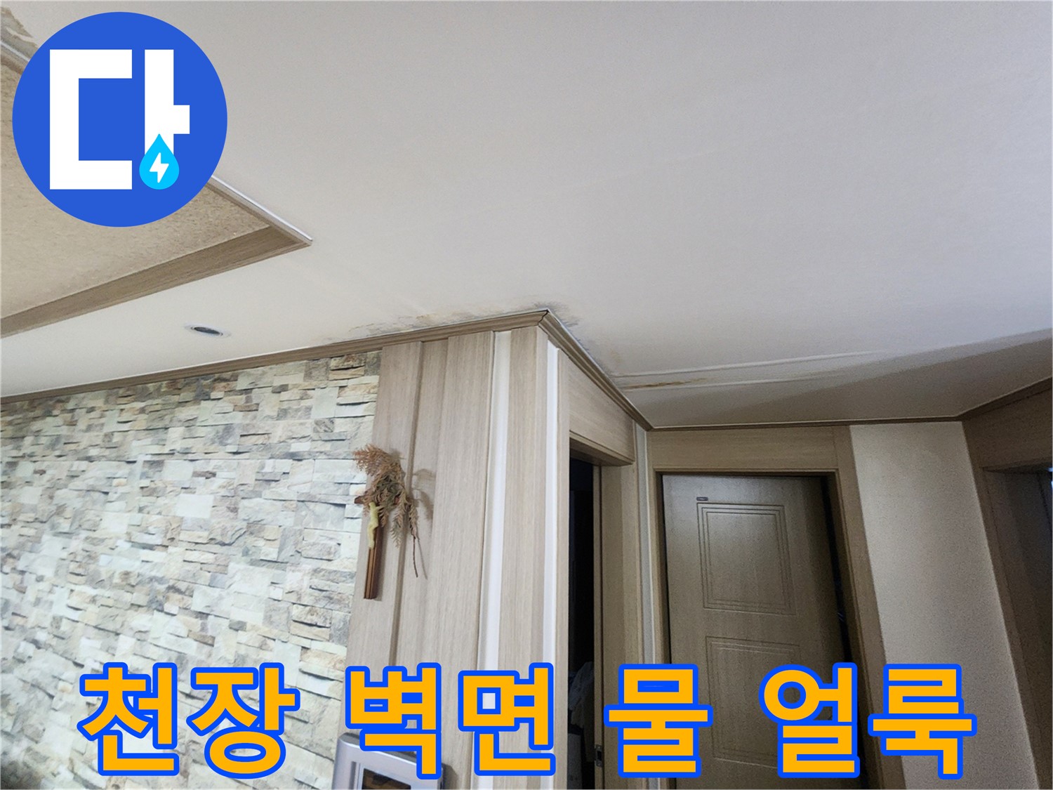천장과 벽면의 물 얼룩 - 누수 문제의 심각성을 보여줍니다.