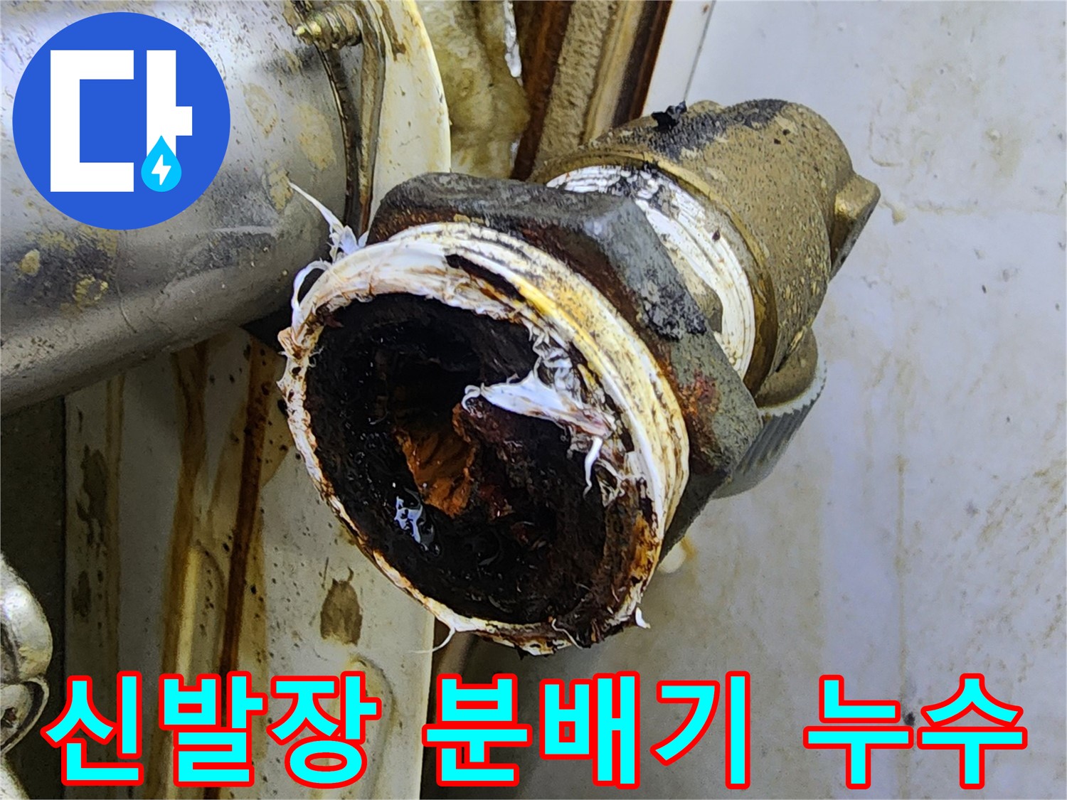 면목동 누수 현장 - 신발장 분배기 연결부에서 발생한 누수 상황을 보여주는 사진입니다.