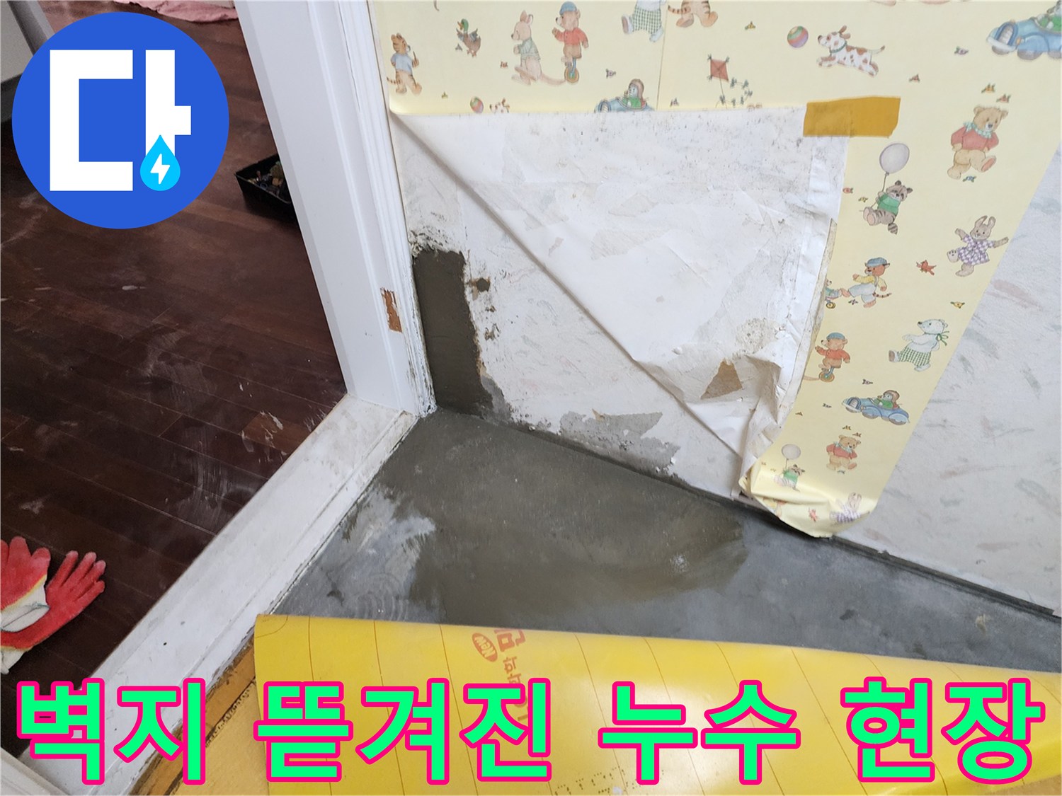 문틀 주변 벽지가 벗겨지고 바닥이 파헤쳐진 누수 보수 현장입니다.