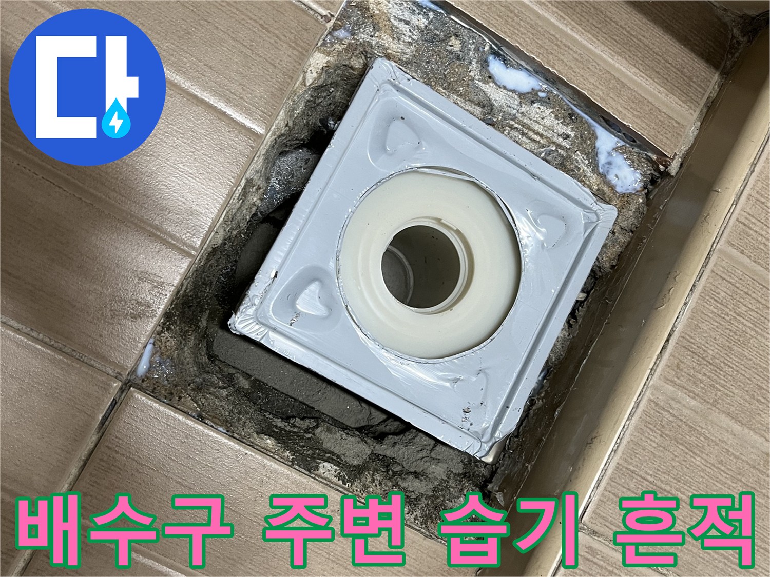 누수가 진행 중인 배수 트랩 및 타일 경계면 모습
