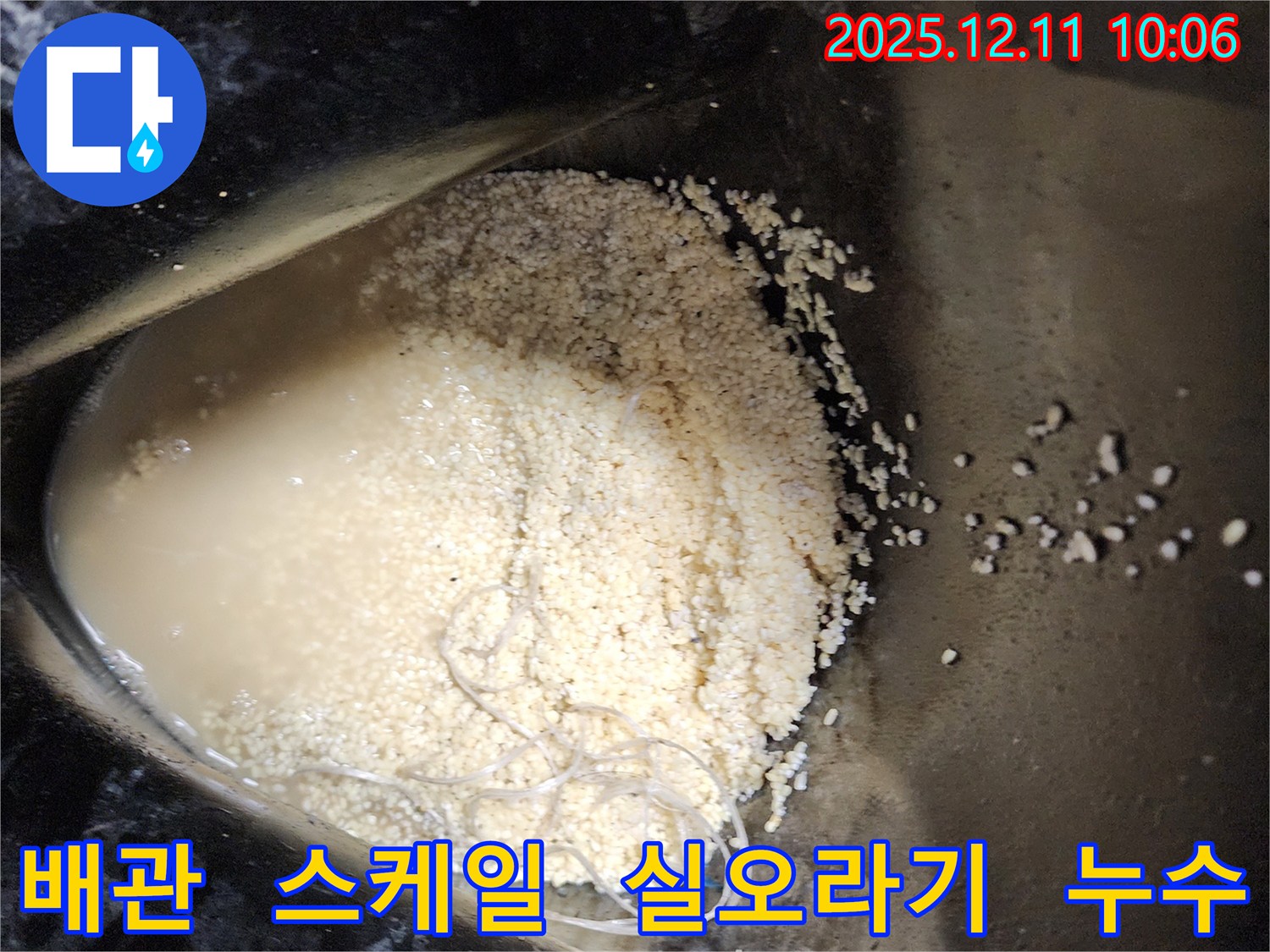 배관 속 스케일과 실오라기 - 배관 속에 스케일과 실오라기가 섞여 누수를 유발하는 모습입니다.