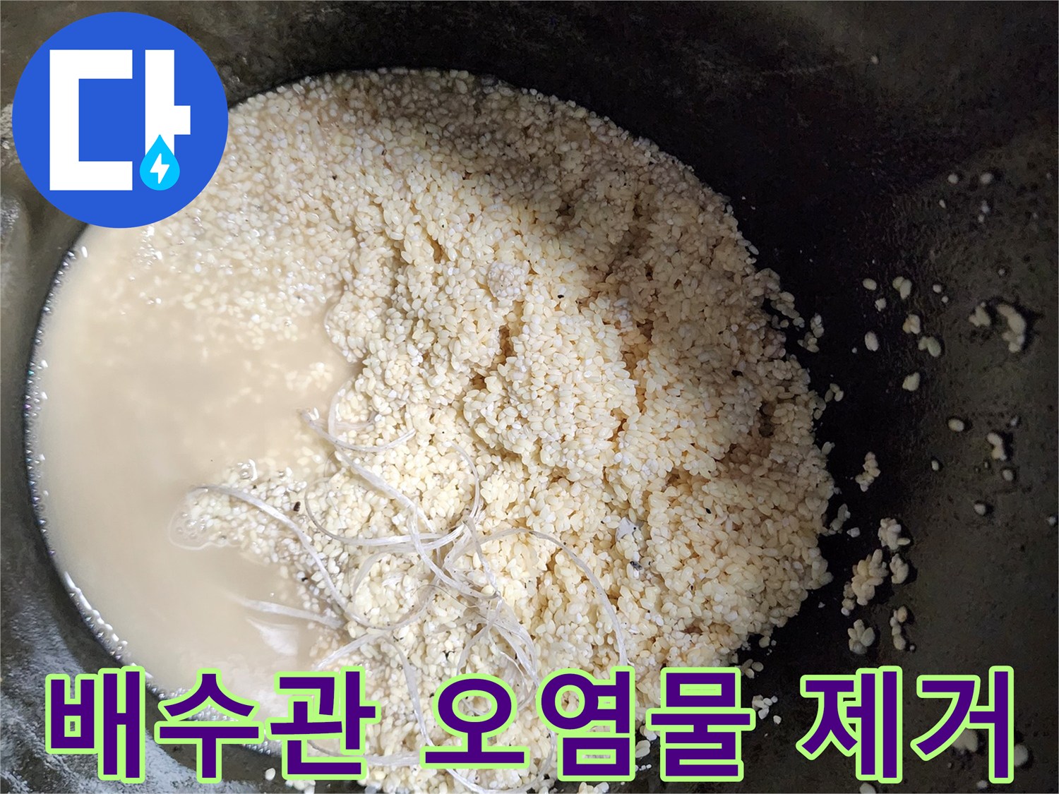 싱크대 배관에서 뽑아낸 하얀색 기름 덩어리와 탁한 물