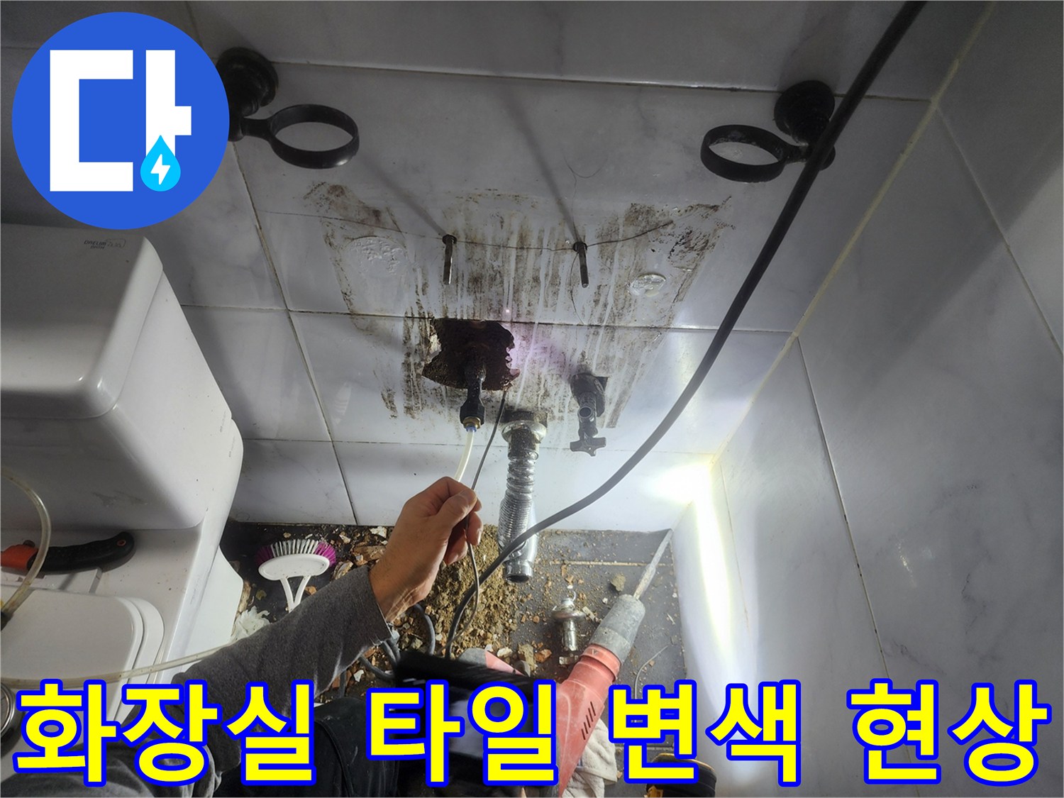 성북구 화장실 벽면 타일의 심한 변색과 습기 침투 상태