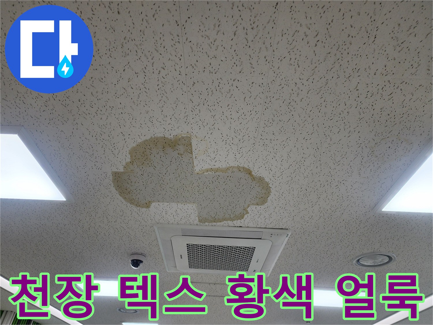천장 텍스에 발생한 넓은 누수 흔적과 변색 부위