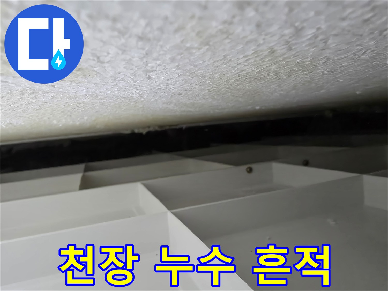 시흥 신천동 현장의 천장 얼룩과 습기 상태를 보여주는 사진입니다.