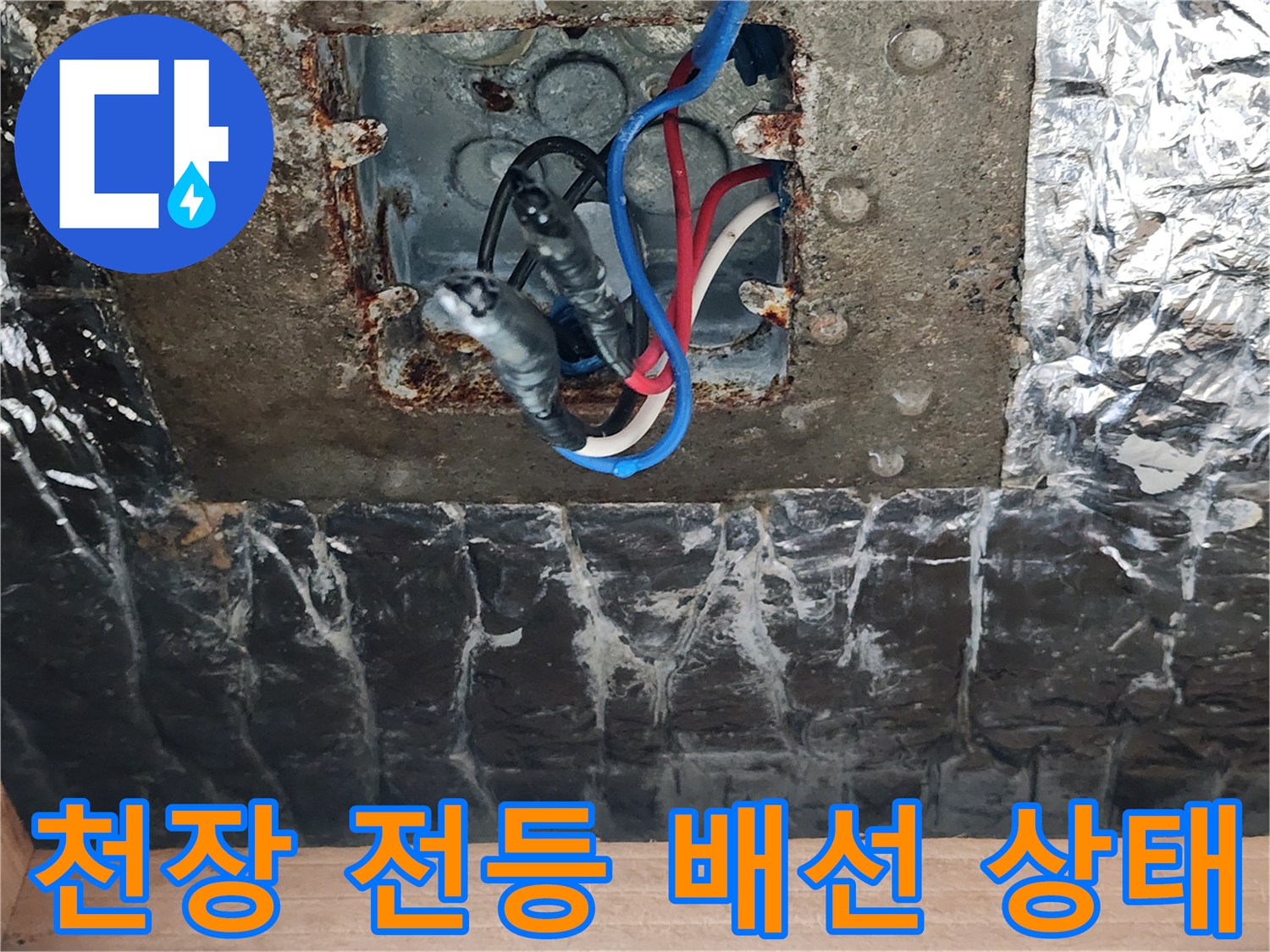 천장 조명 박스 내부의 전기 배선과 습기 흔적