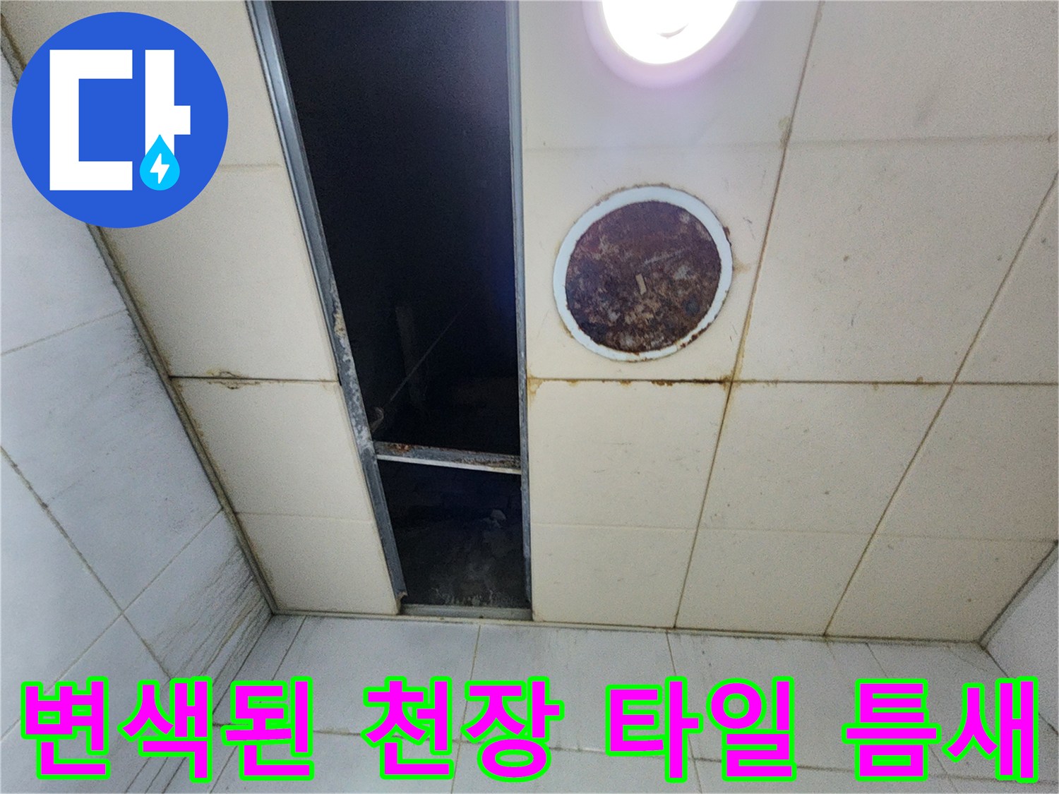 누수로 인해 어둡게 변한 천장 타일 사이의 공간