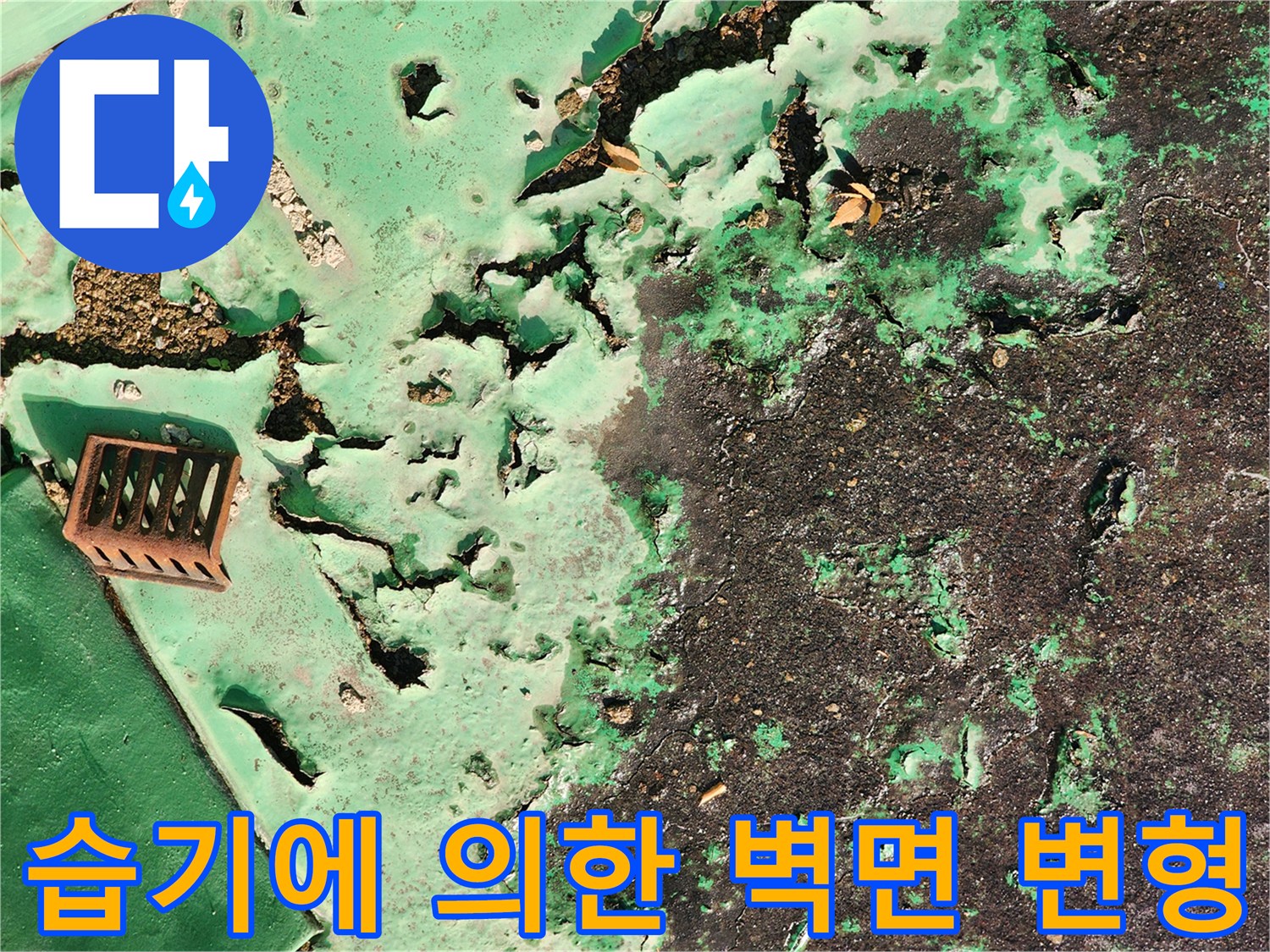 지속적인 물샘으로 인해 훼손된 벽면과 바닥의 경계 지점입니다.