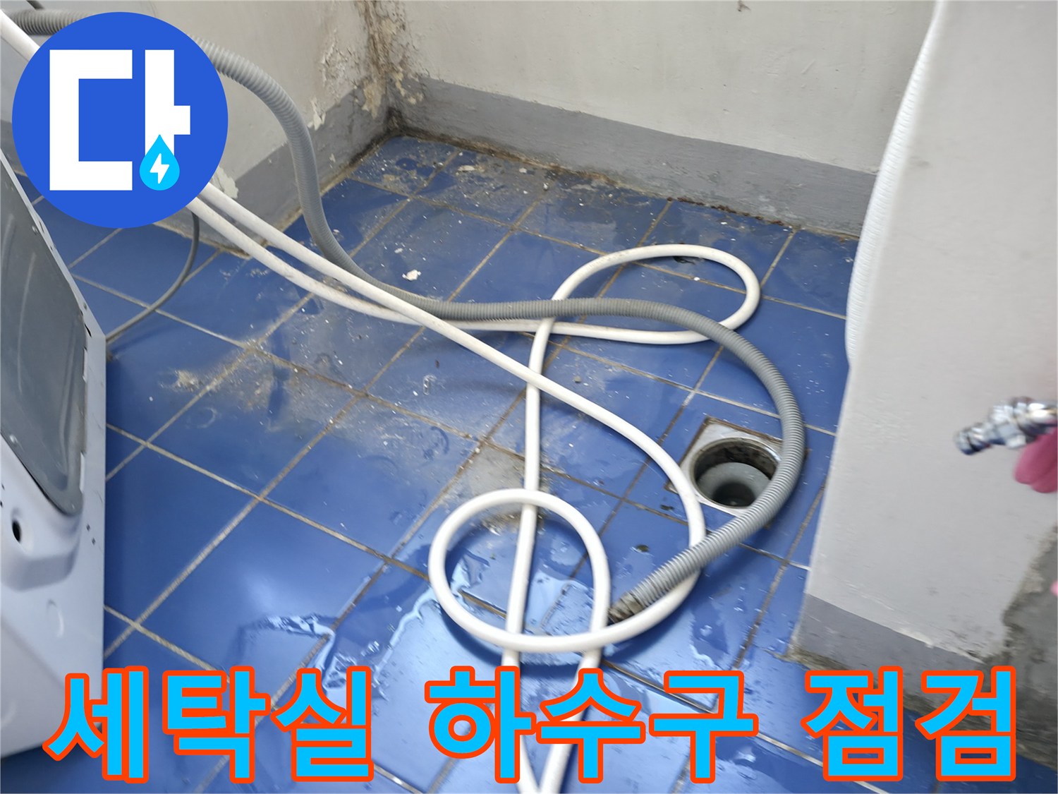 성동구 아파트 세탁실-배수구 주변 타일과 배관 상태 사진
