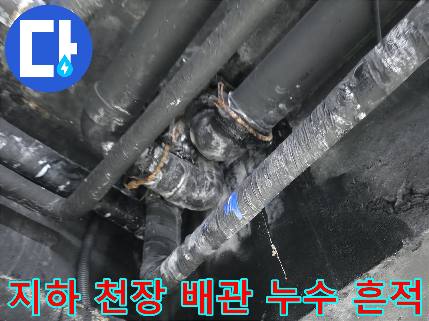 용인 수지구-지하층 천장 배𝓵관의 습기와 물샘 흔적