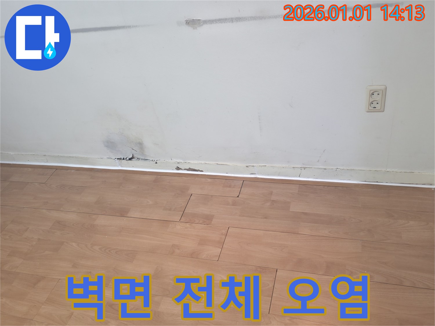 벽면 전체 오염 - 누수로 인해 벽면 전체가 곰팡이와 물 얼룩으로 심하게 오염된 모습입니다.