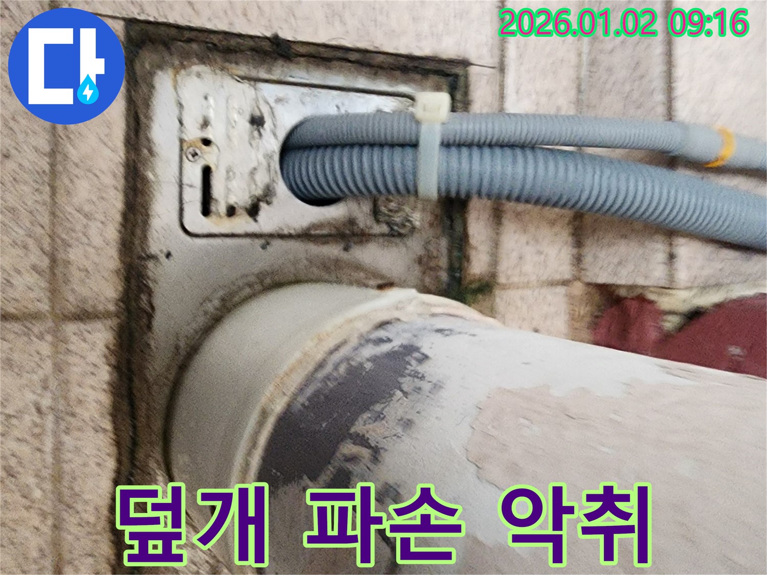 세탁기 하수구 주변 배수구 덮개 파손 - 배수구 덮개가 파손되어 악취가 나고 있습니다.