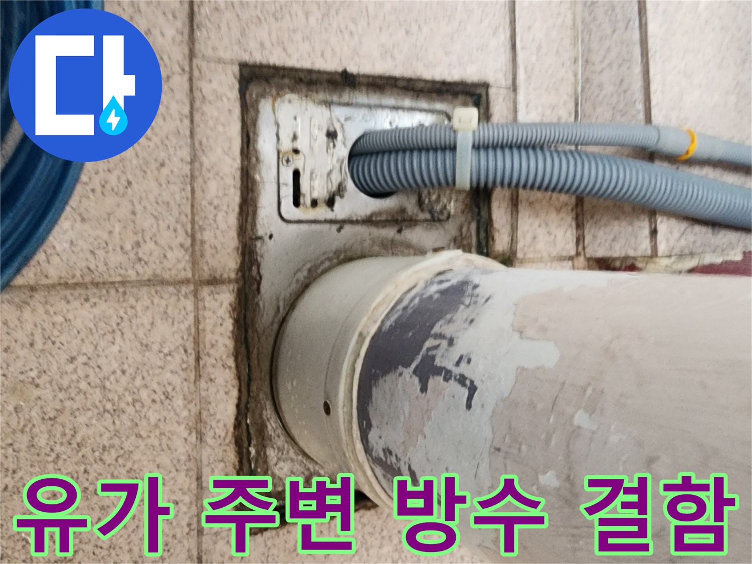 타일 사이 배수구 부근의 젖은 흔적과 오염된 마감재 사진