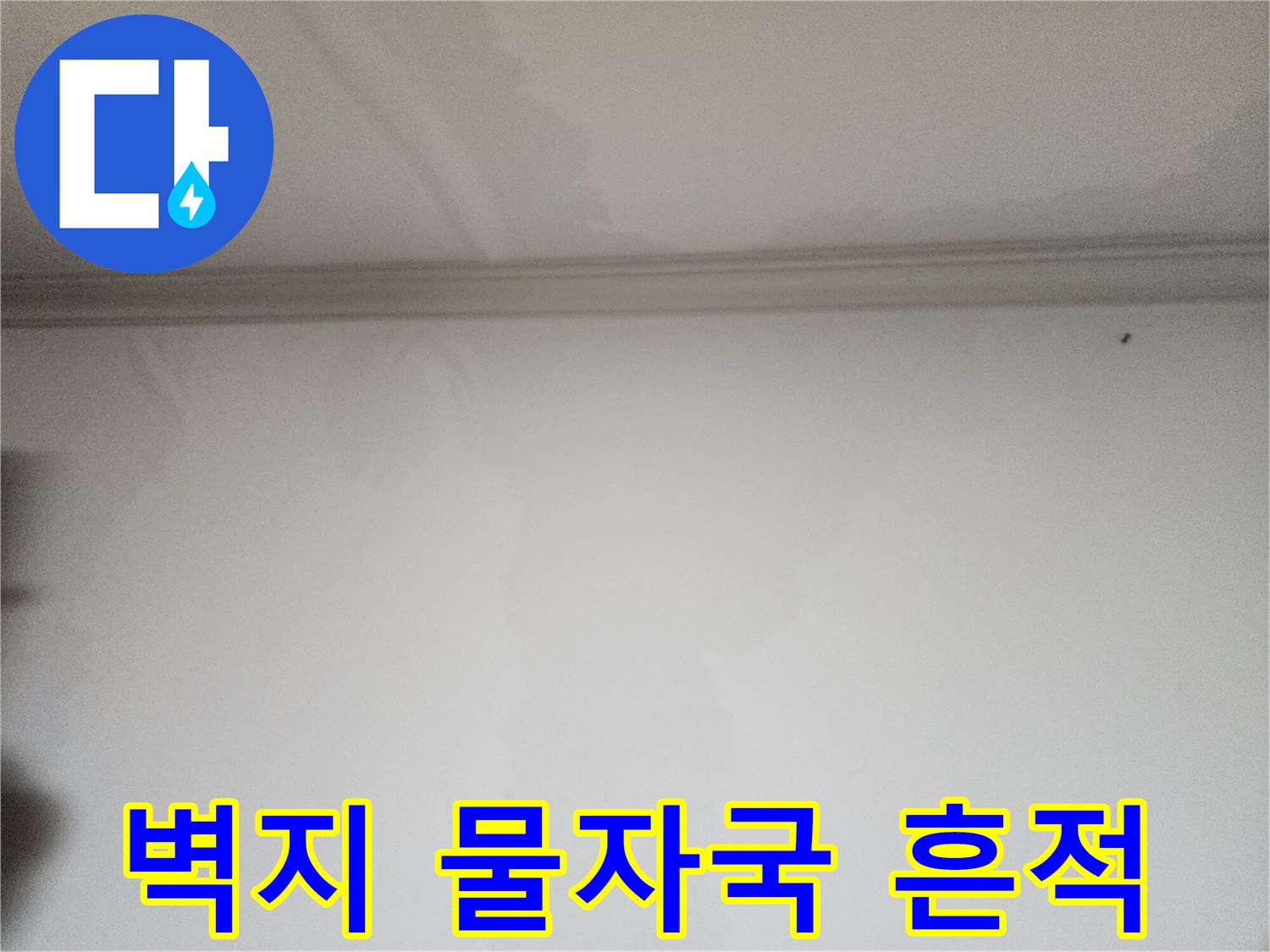 천장과 벽면 경계에 나타난 넓은 습기 얼룩