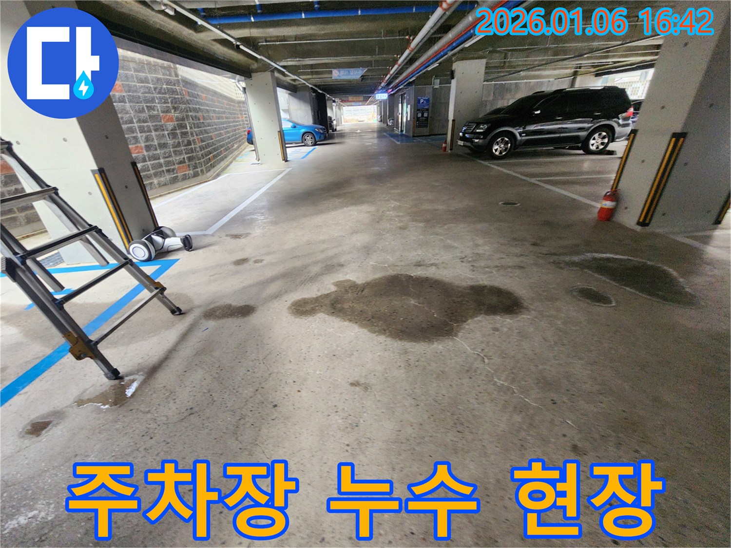 노원구 월계동 주차장 누수 현장 - 천장 누수 발생 지점과 누수 흔적 확인