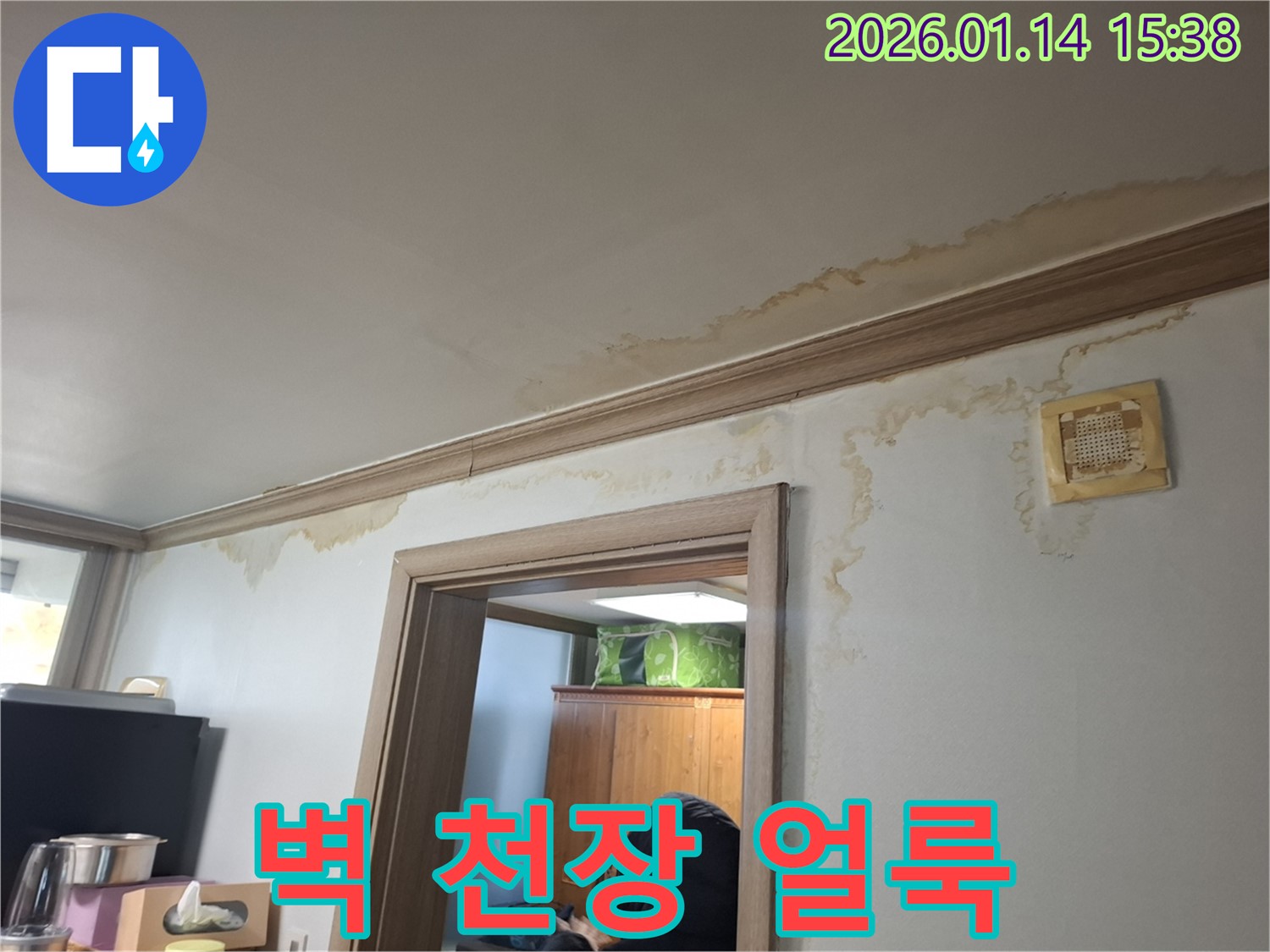 벽과 천장에 얼룩이 심하게 핀 모습 - 누수로 인한 습기