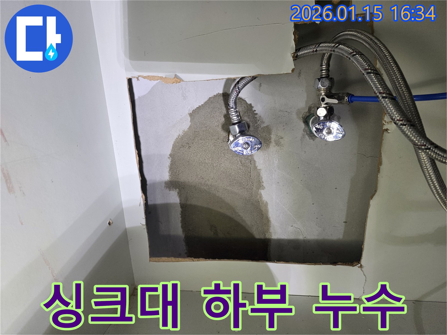 싱크대 하부장의 누수 - 물이 고여 있고 곰팡이가 피어 있습니다.
