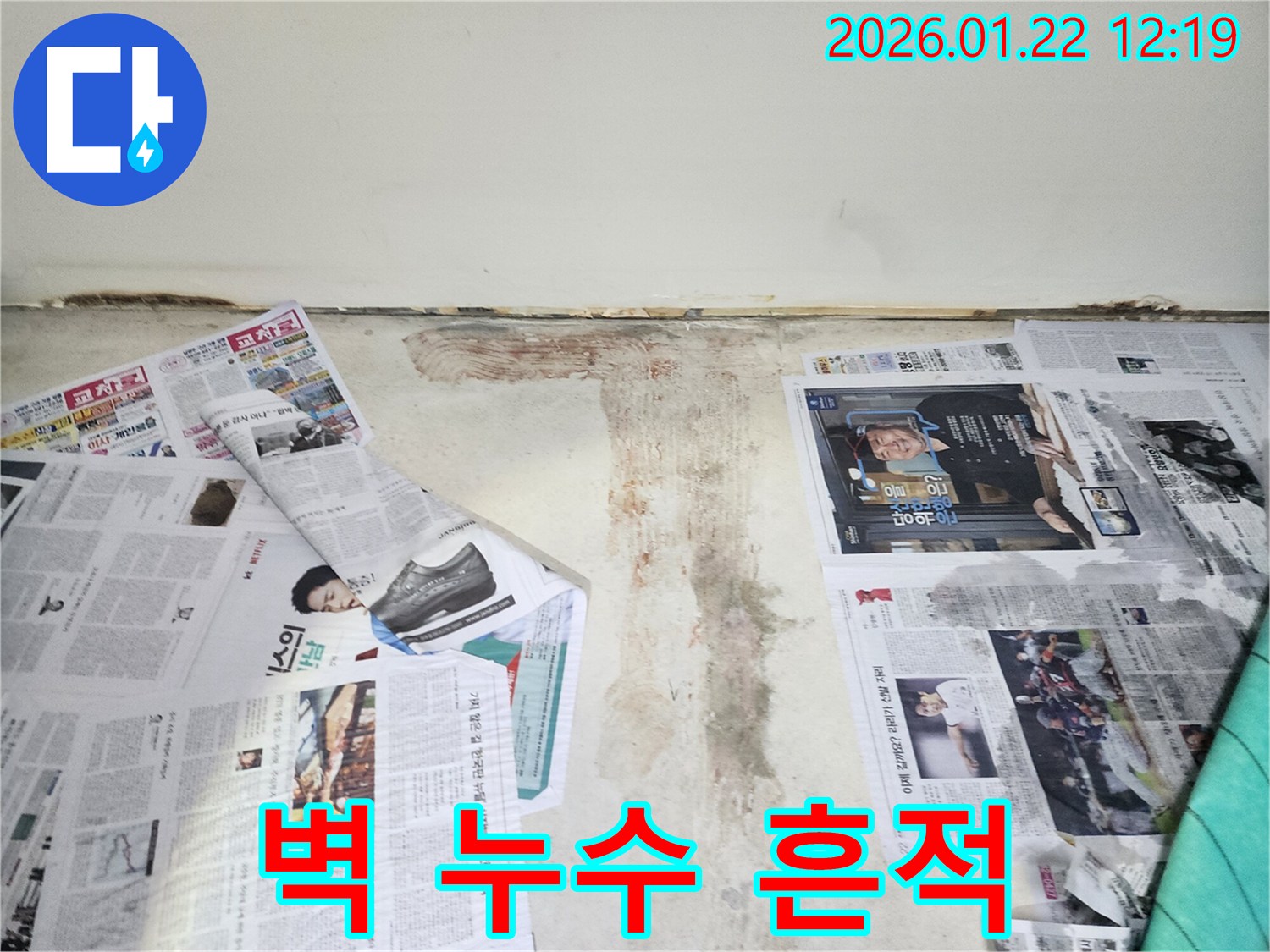 벽에 생긴 누수 흔적 - 곰팡이와 변색으로 누수 위치를 짐작할 수 있습니다.