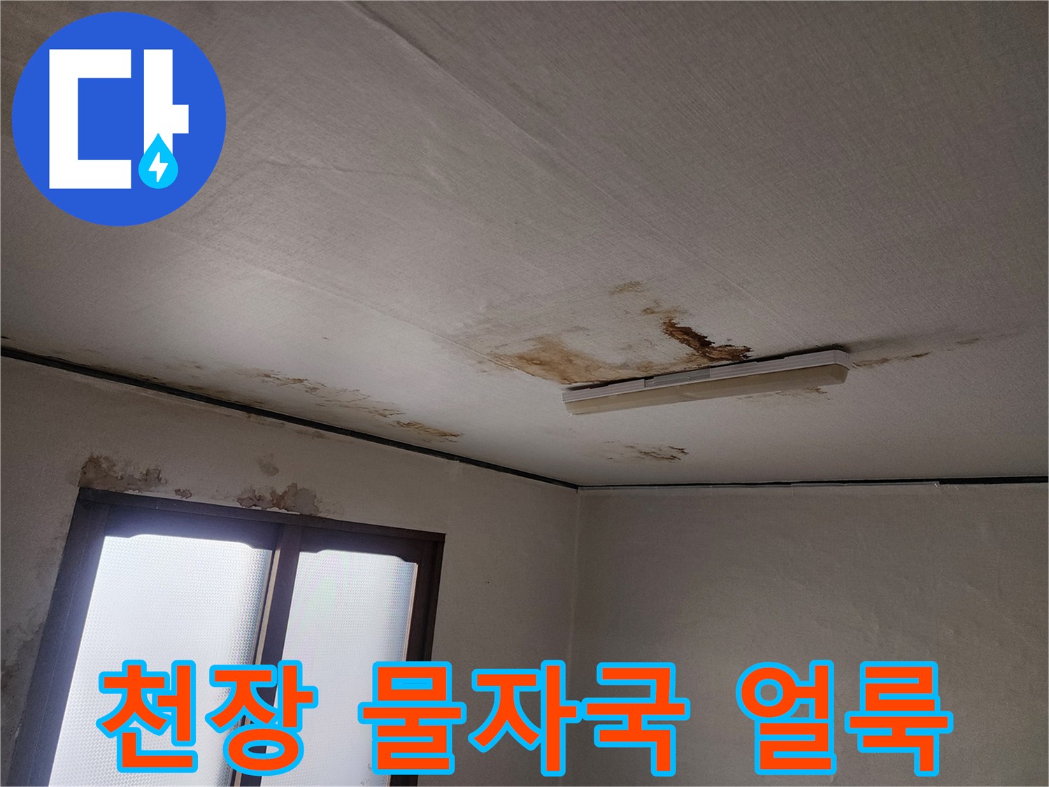아파트 거실 천장 부근에 발생한 넓은 누수 흔적과 젖은 얼룩