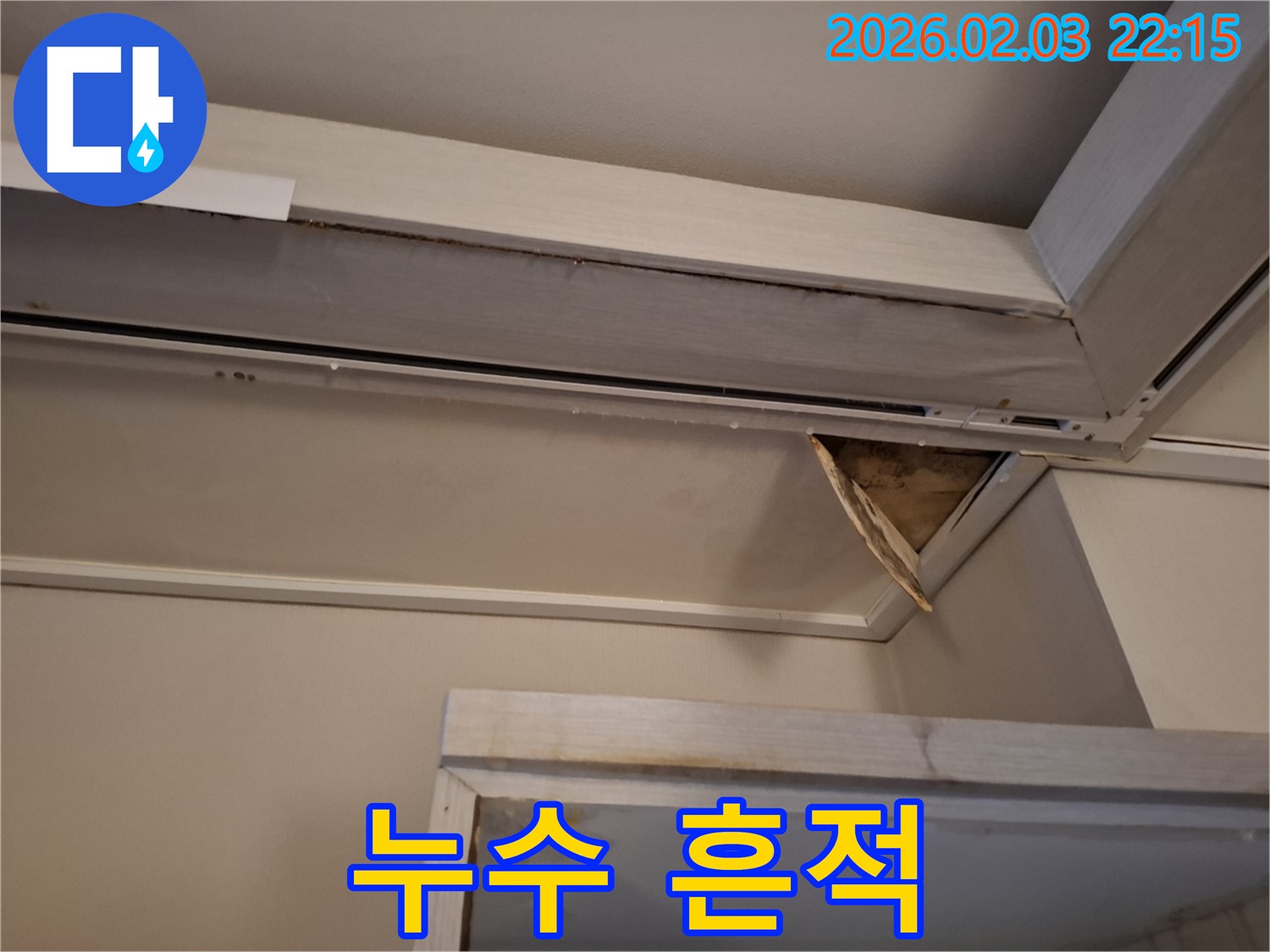 천장 누수 흔적 - 석고보드 변색과 곰팡이