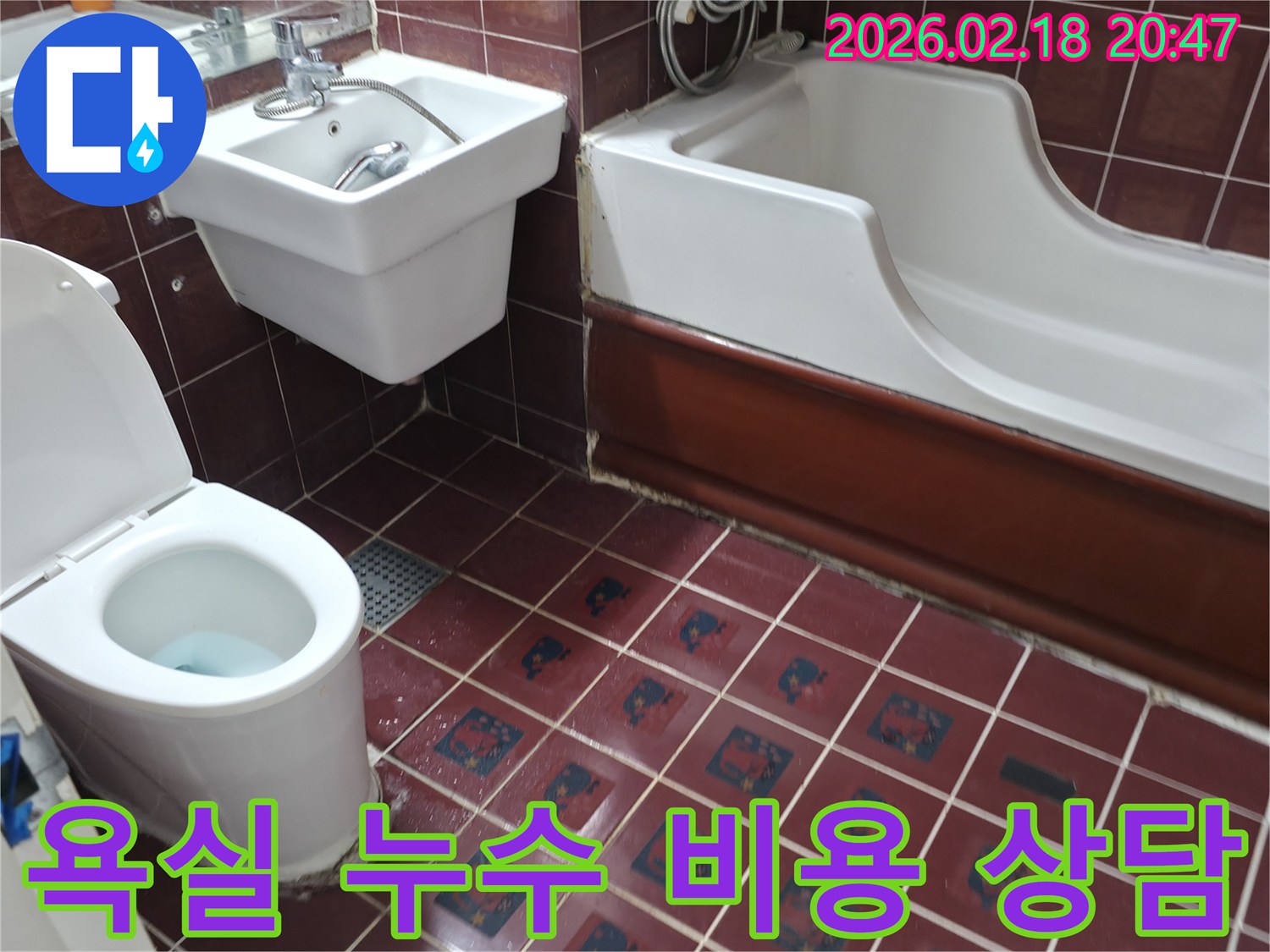 욕실 바닥 타일과 변기-욕조 주변에 물기가 고여있는 모습으로-누수 전문가가 현장을 진단하며 합리적인 비용 상담을 준비하는 현장
