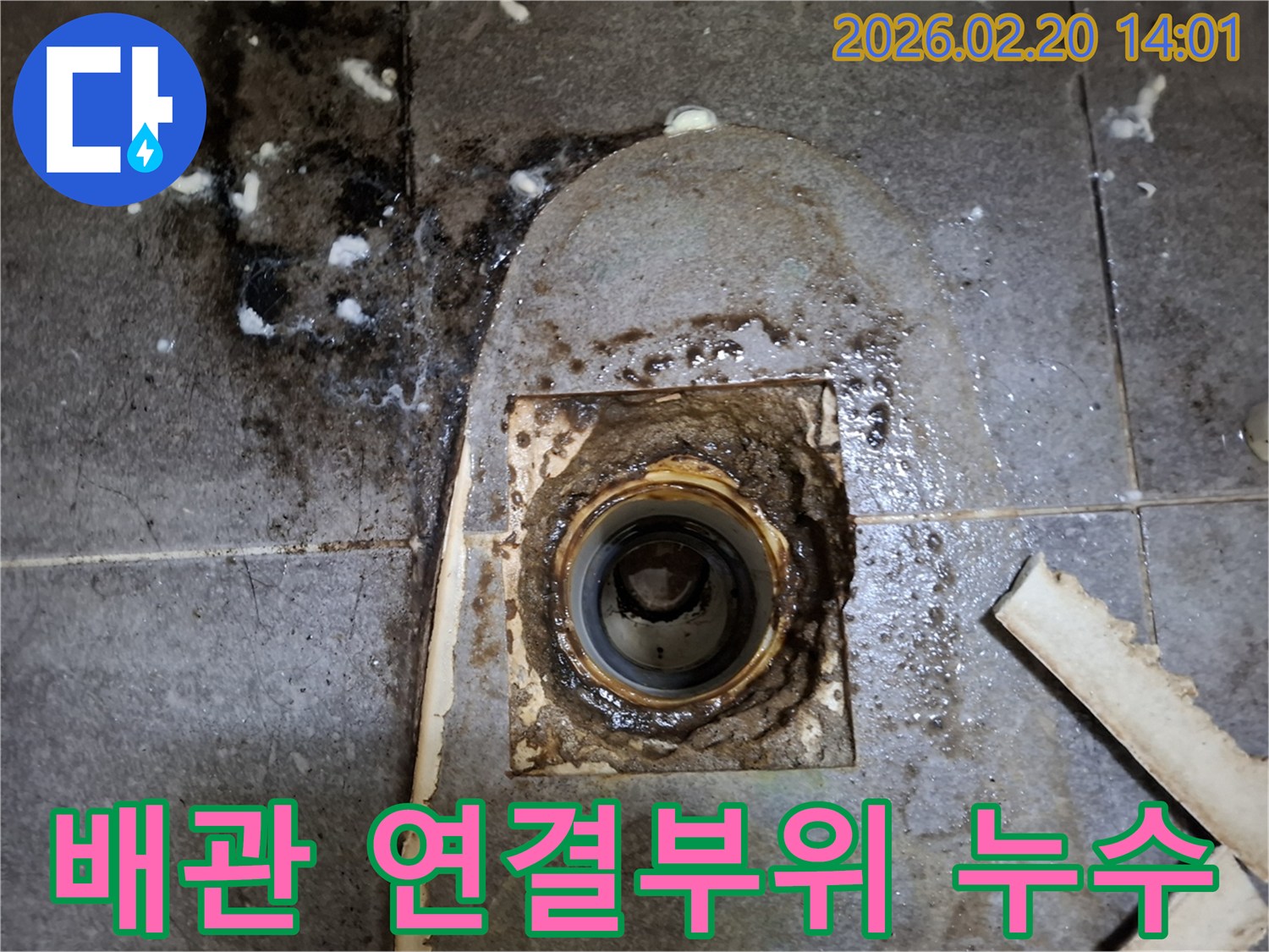 화장실 바닥 배수구의-배관 연결 부위에서-물이 새어나와 주변이 오염된 모습입니다