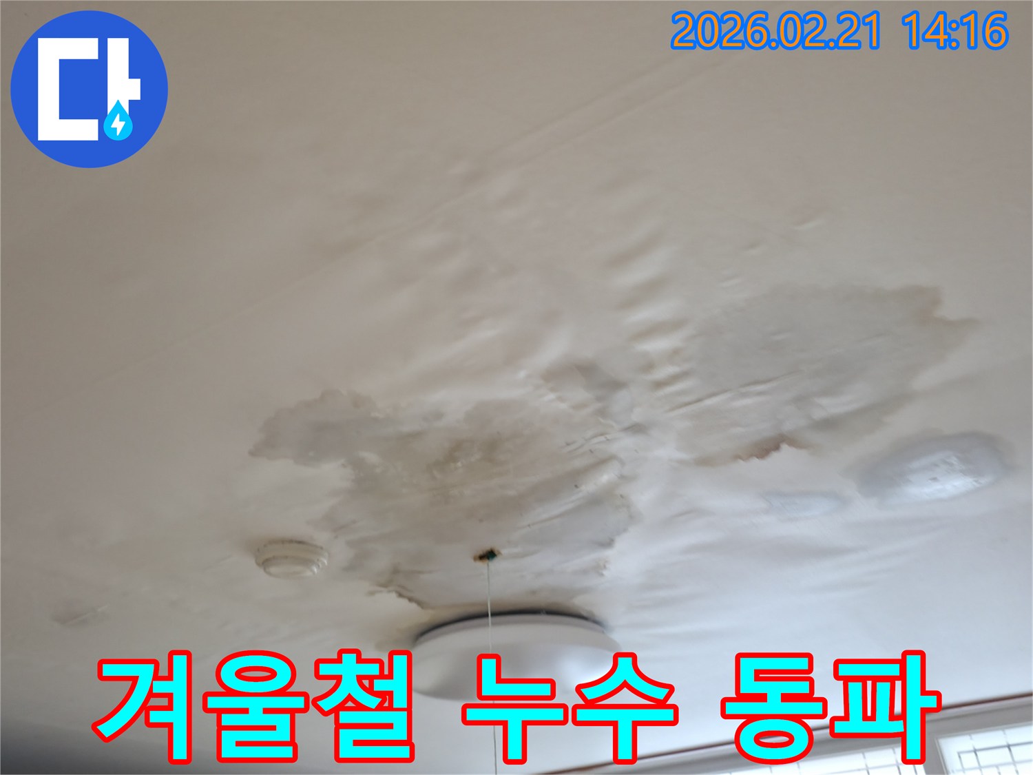 천장-누수로-인해-얼룩지고-젖은-부분을-보여주며-겨울철-동파-누수가-의심되는-사진