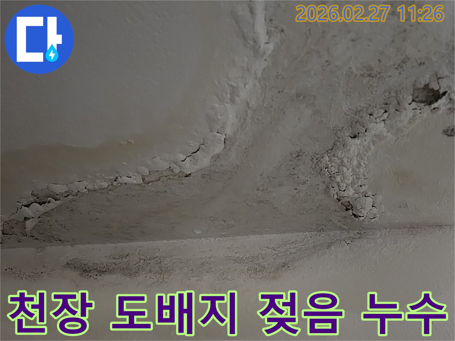 천장-도배지가-누수로-인해-젖고-훼손되어-심각한-손상을-보여주는-사진입니다.