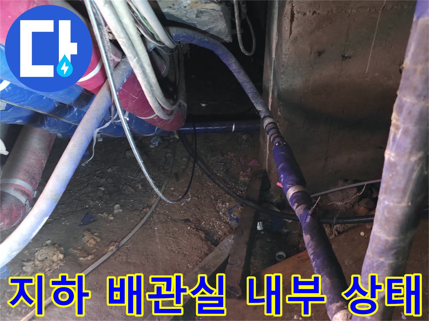 강동구 지하 배관실의 보온재로 감싸진 복잡한 배관 구조와 노후된 환경