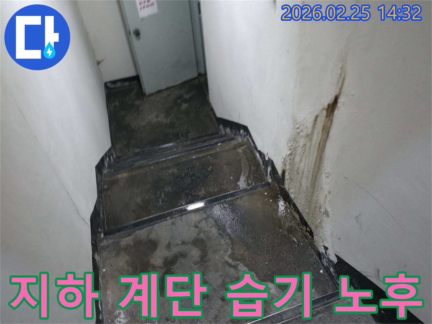 강동구-진황도로-인근-지하-계단-전체적으로-습하고-벽면에-누수-흔적이-뚜렷한-현장