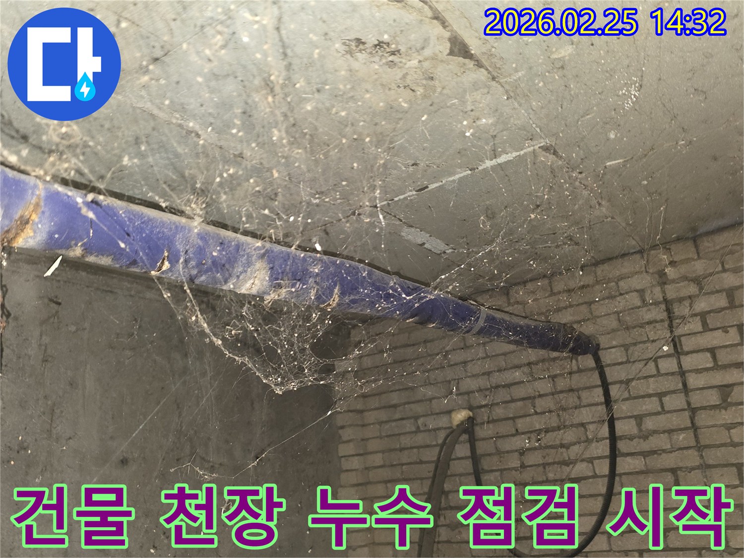 서울 강동구 진황도로 인근-건물 지하 천장에-거미줄과 먼지가 쌓여있는-누수 점검 및 진단 전 현장 모습입니다.
