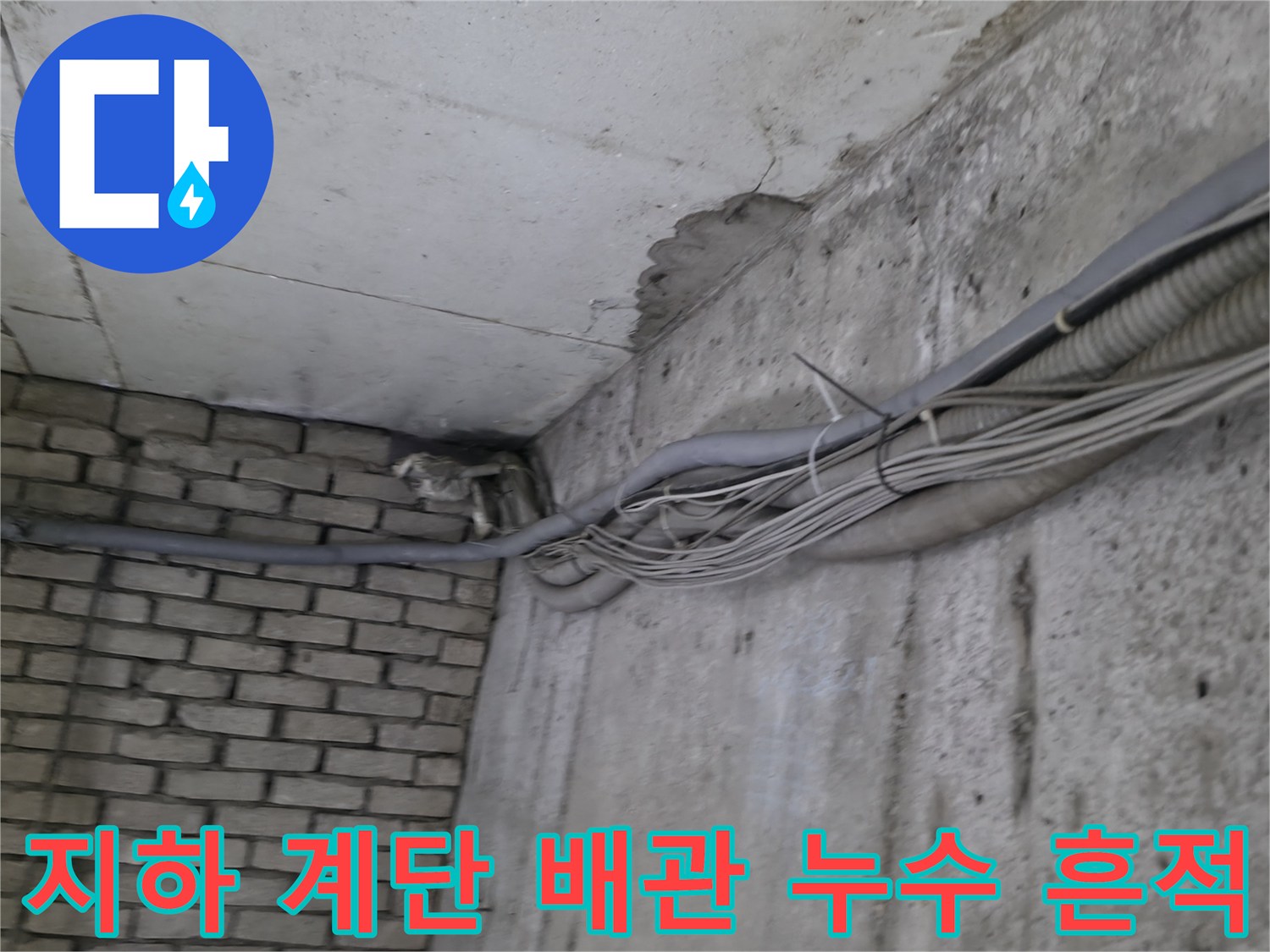 지하 계단 벽면의 콘크리트와 배관 주변에 발생한 누수 흔적