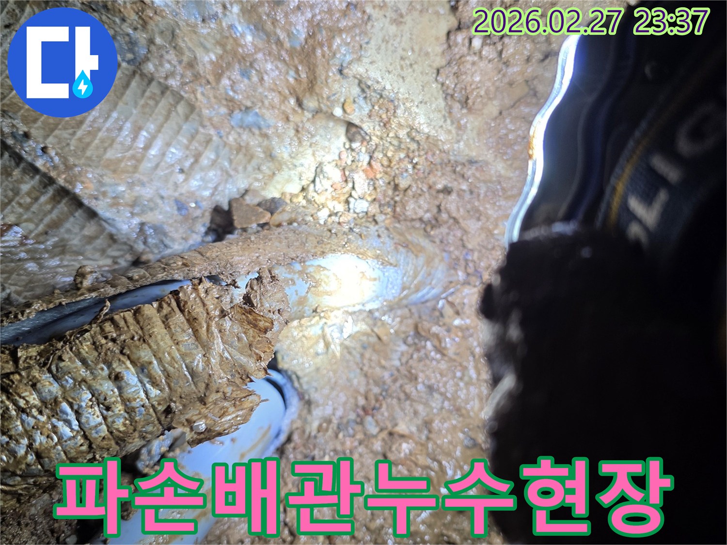 흙속에-묻혀-손상된-배관에서-물이-새어나와-주변-흙이-젖어있는-누수-현장의-실제-모습입니다