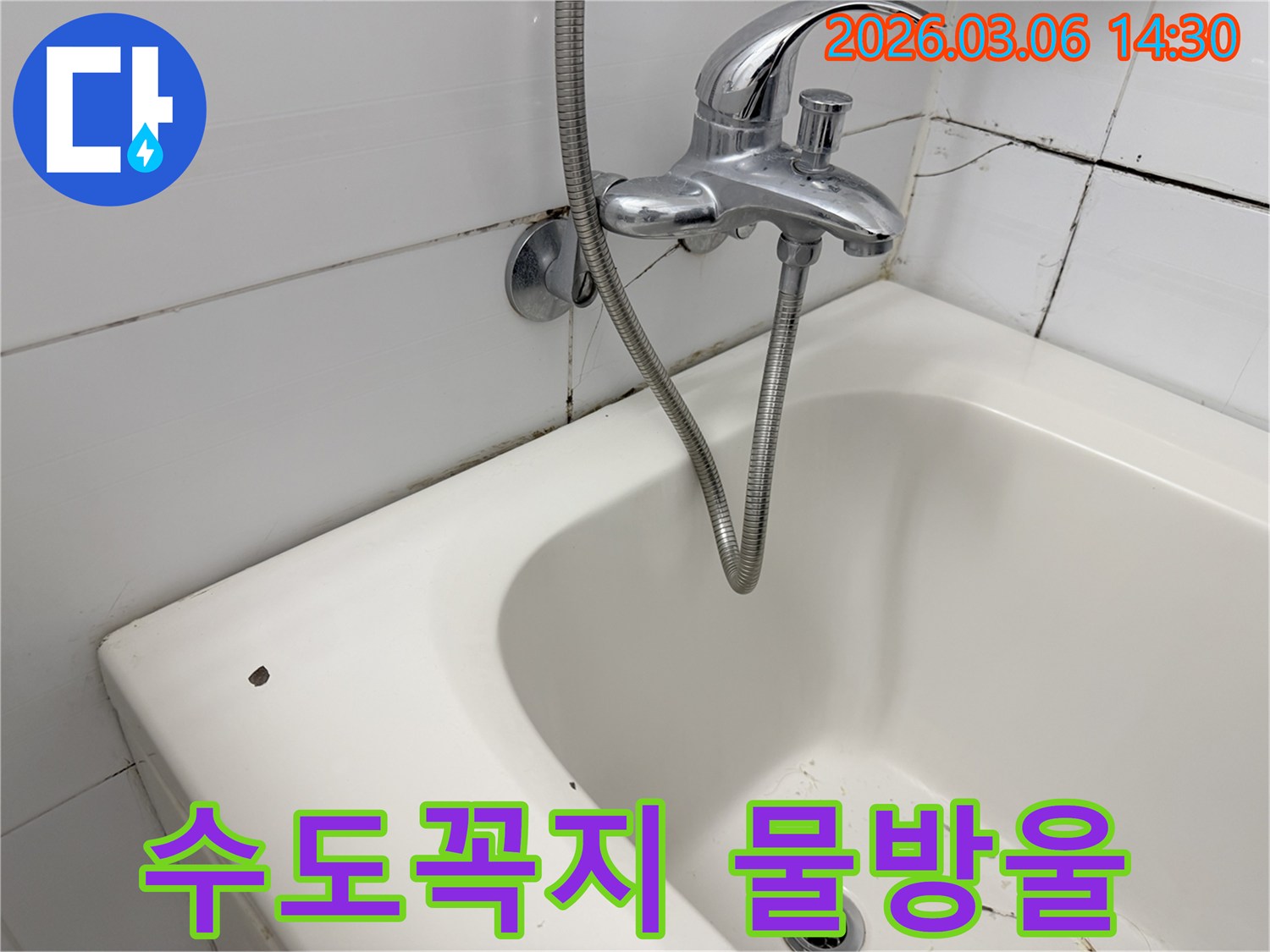낡은 욕실의 샤워기 수전과-벽면 타일의 곰팡이-그리고 욕조가 함께 찍힌 사진입니다.