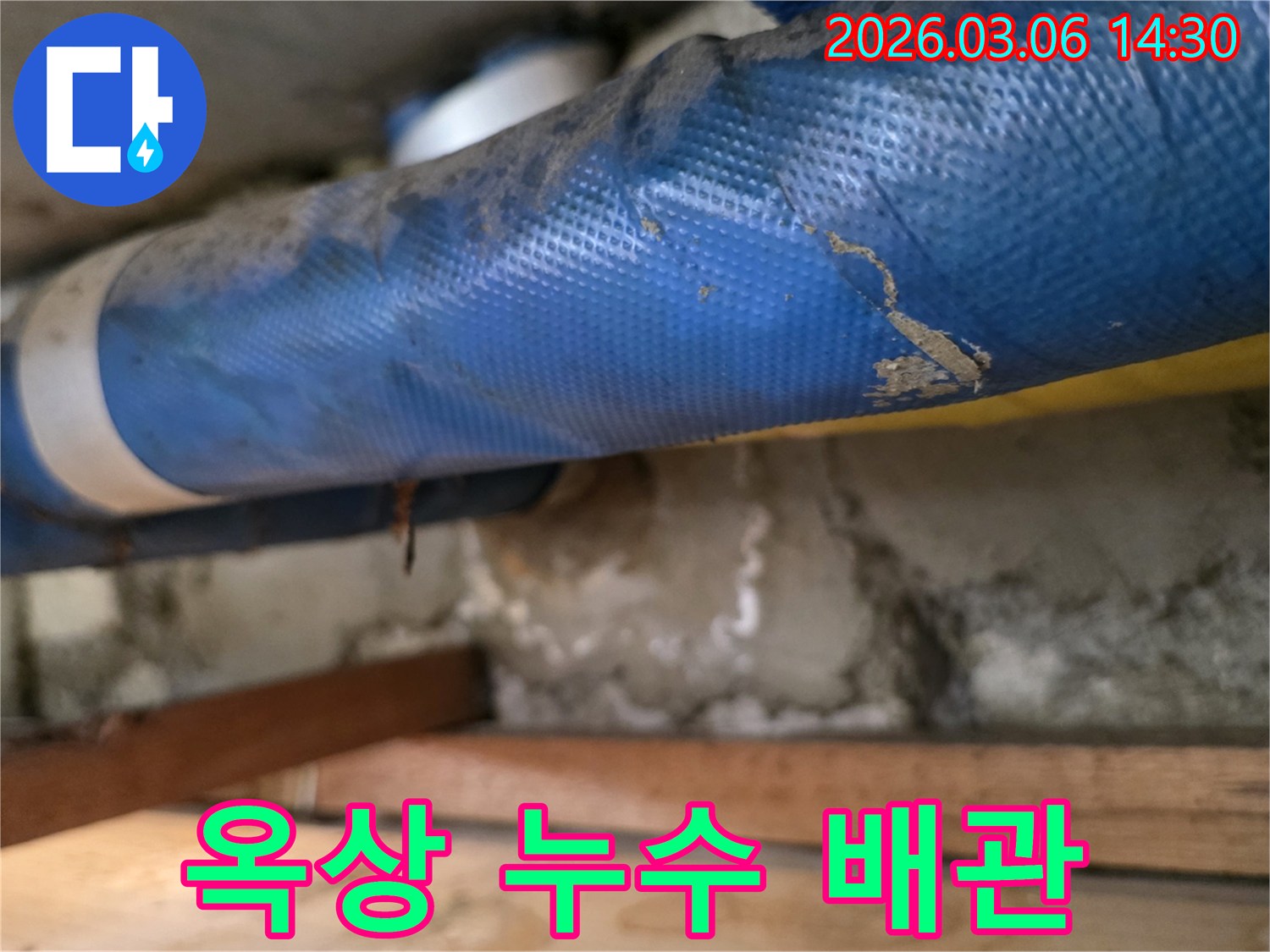 빌라 옥상 하부-파란색 배관과-젖은 콘크리트 벽면-그리고 나무 지지대를-꼼꼼히 점검하는 모습
