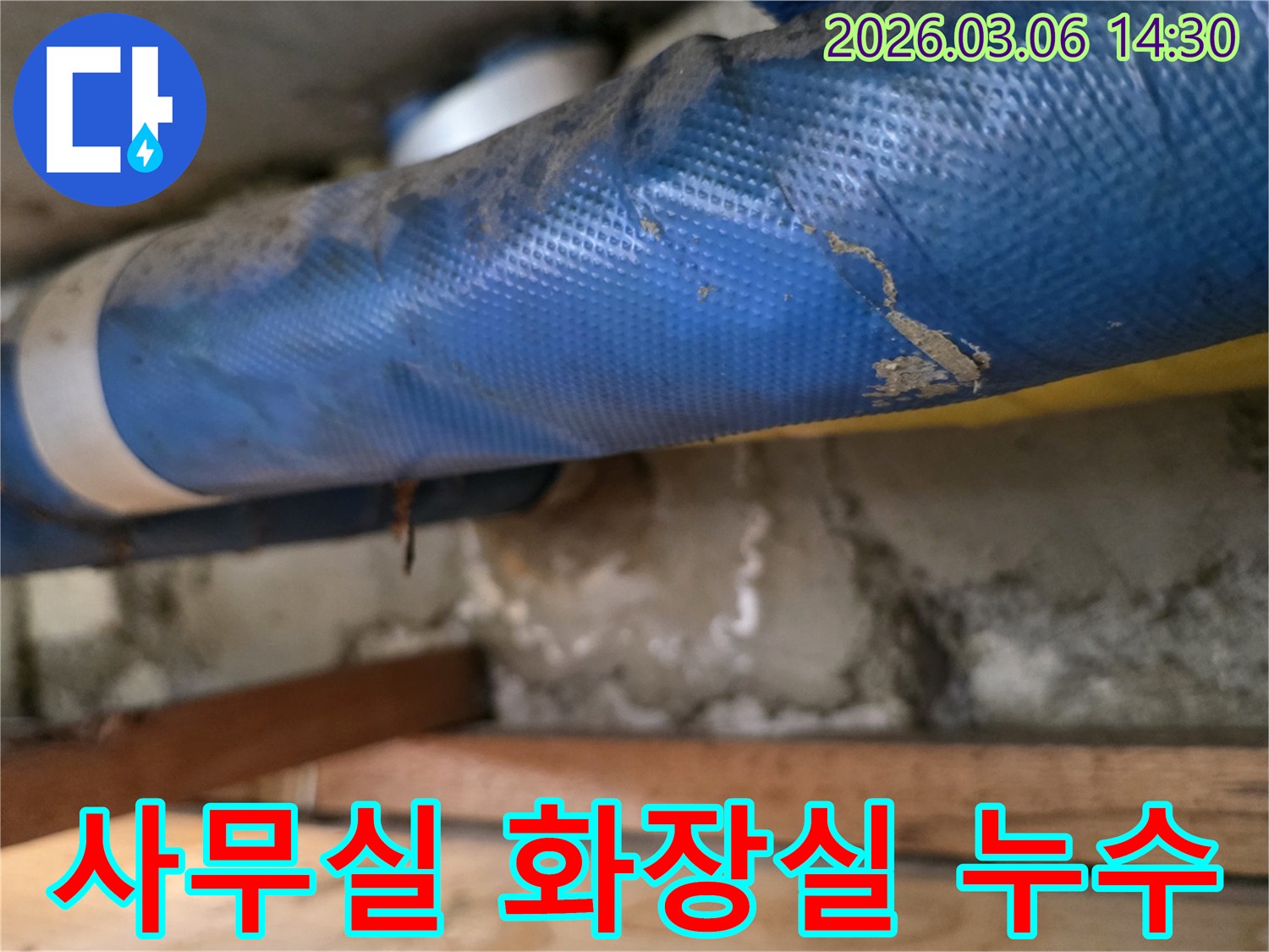 사무실 화장실 하부-파란색 급수 배관과-젖은 콘크리트 벽면-그리고 나무 지지대를-꼼꼼히 점검하는 모습
