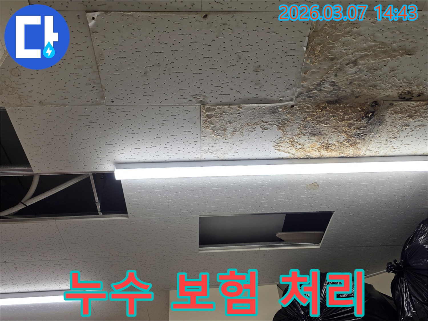 누수로-손상된-천장 텍스-현장을-보여주며-누수 공사-후-보험-처리와-관련된-복잡한-절차를-전문가와-함께-진행하는-것의-중요성을-나타내는-사진입니다