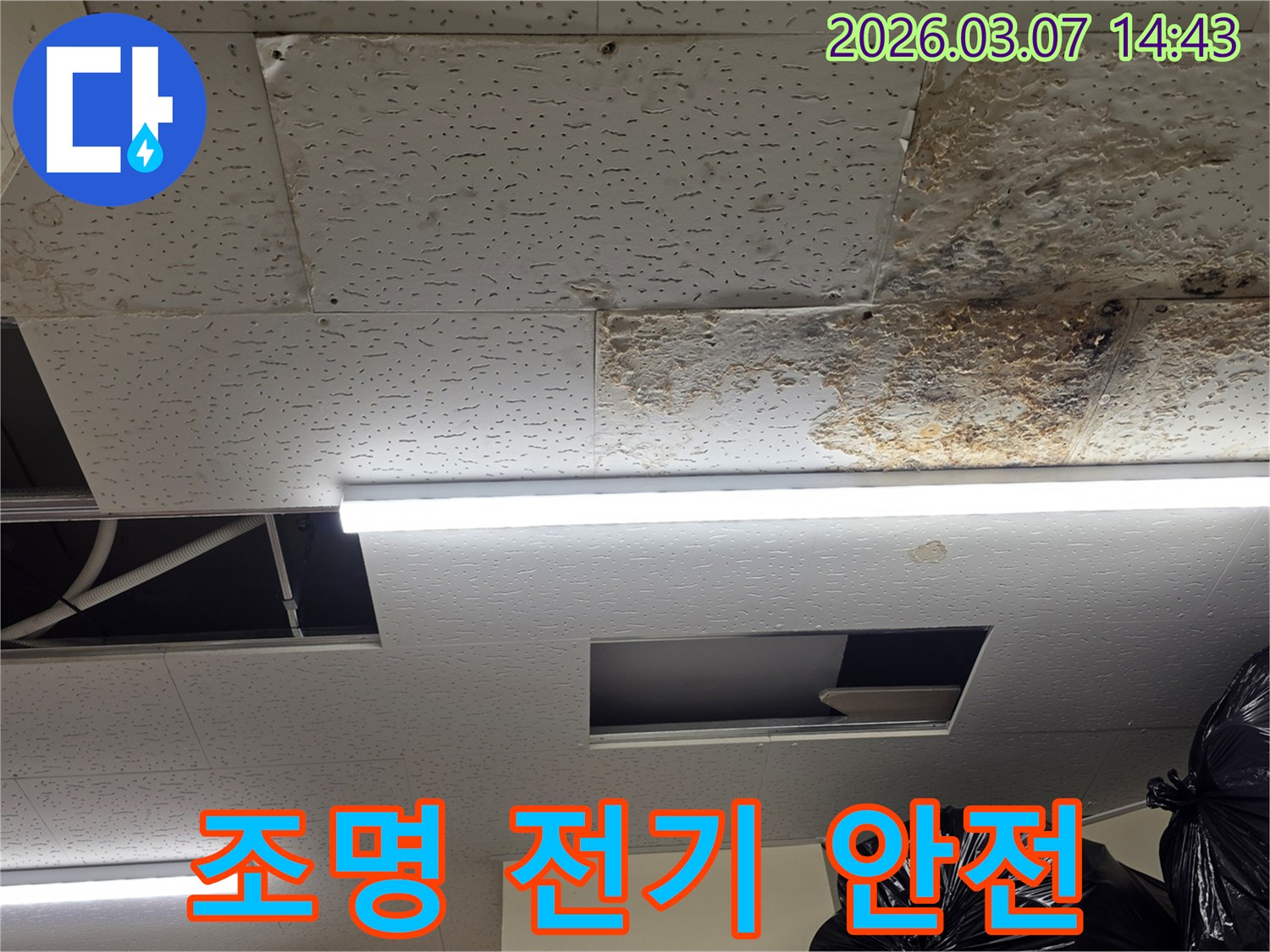 천장 조명-주변에-누수 흔적이-보이는-현장으로-전기 안전과-누수 문제를-동시에-해결해야-함을-나타내는-사진입니다