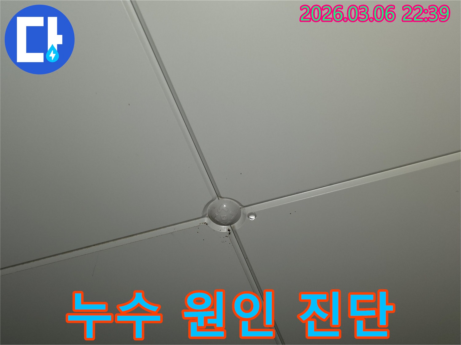 천장 마감재 교차점에서-물방울이 형성되어-떨어지기 직전의-누수 발생 현장