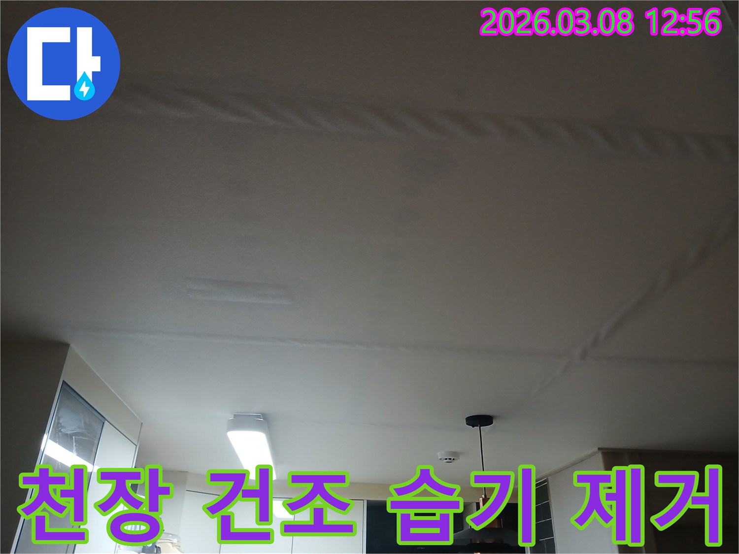 누수 수리 후-천장 내부의 습기를-완벽하게 제거하기 위한-전문 건조 작업 현장