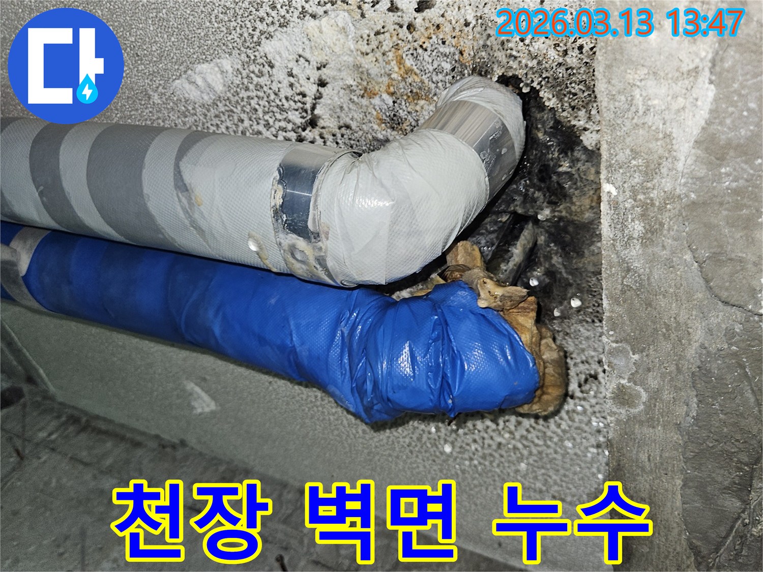 배관-주변-천장과-벽면의-누수-피해-상태를-전반적으로-점검하는-모습