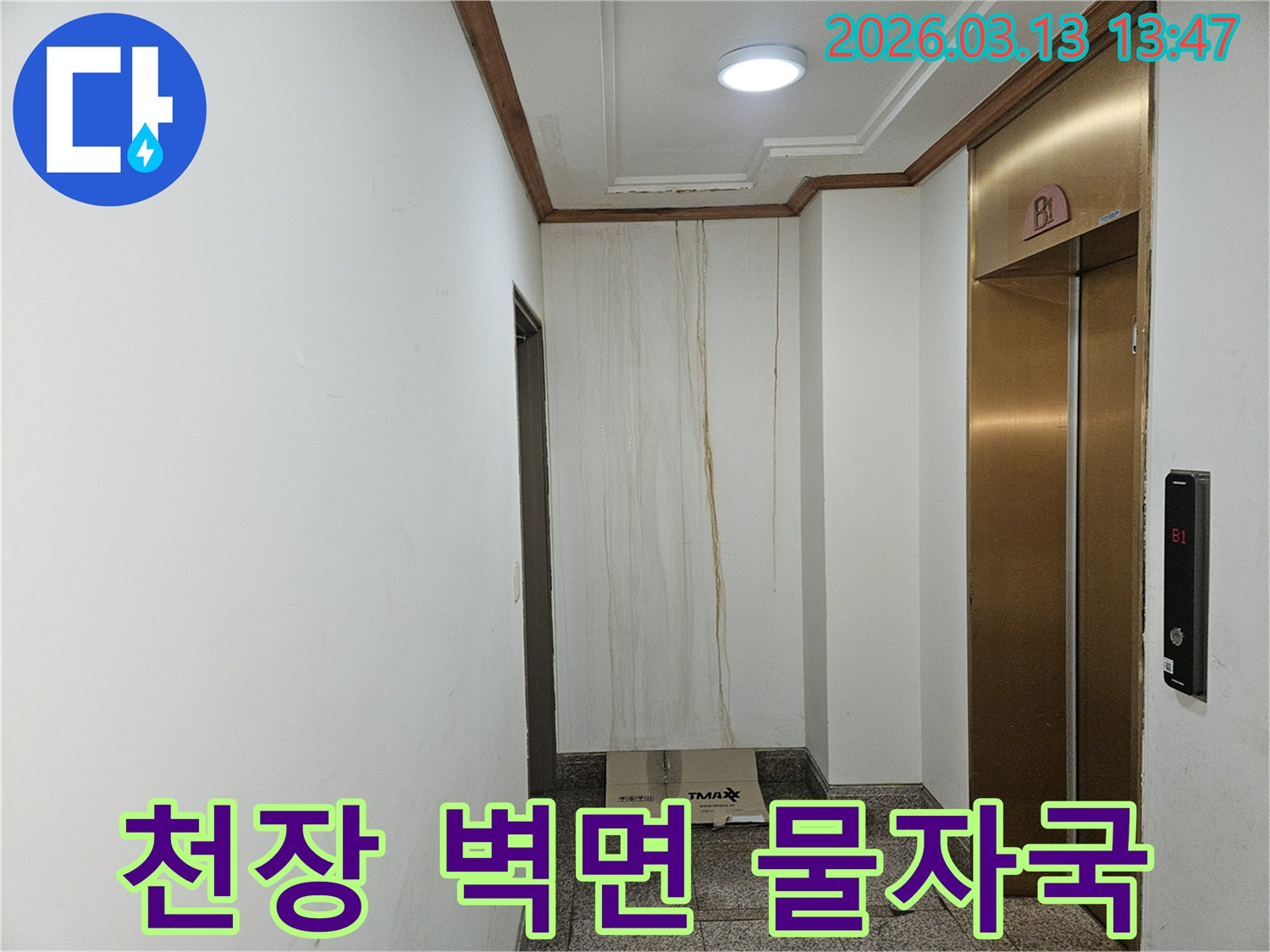 이 사진은 빌라 천장에서 시작된 누수로 인해-복도 벽면에 길게 물자국이 남은 상황을 보여줍니다-누수가 상당 기간 진행된 것으로 보입니다