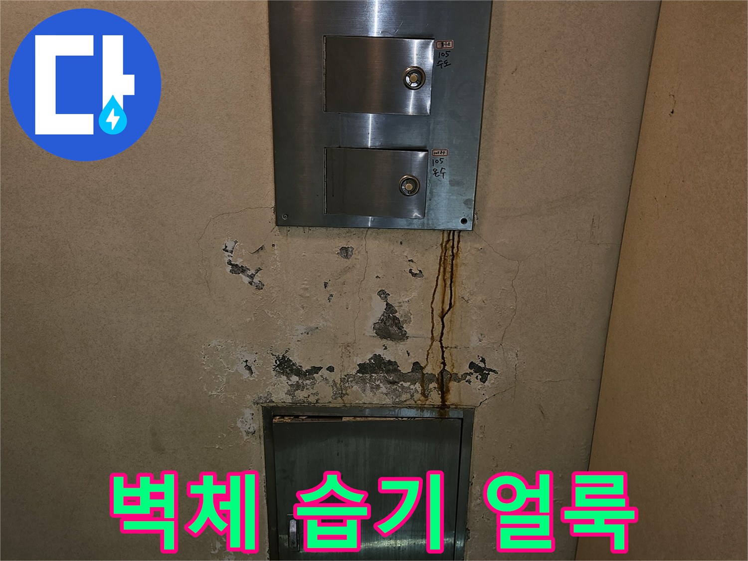 지하층 벽면-금속 함체 주변의 젖은 얼룩