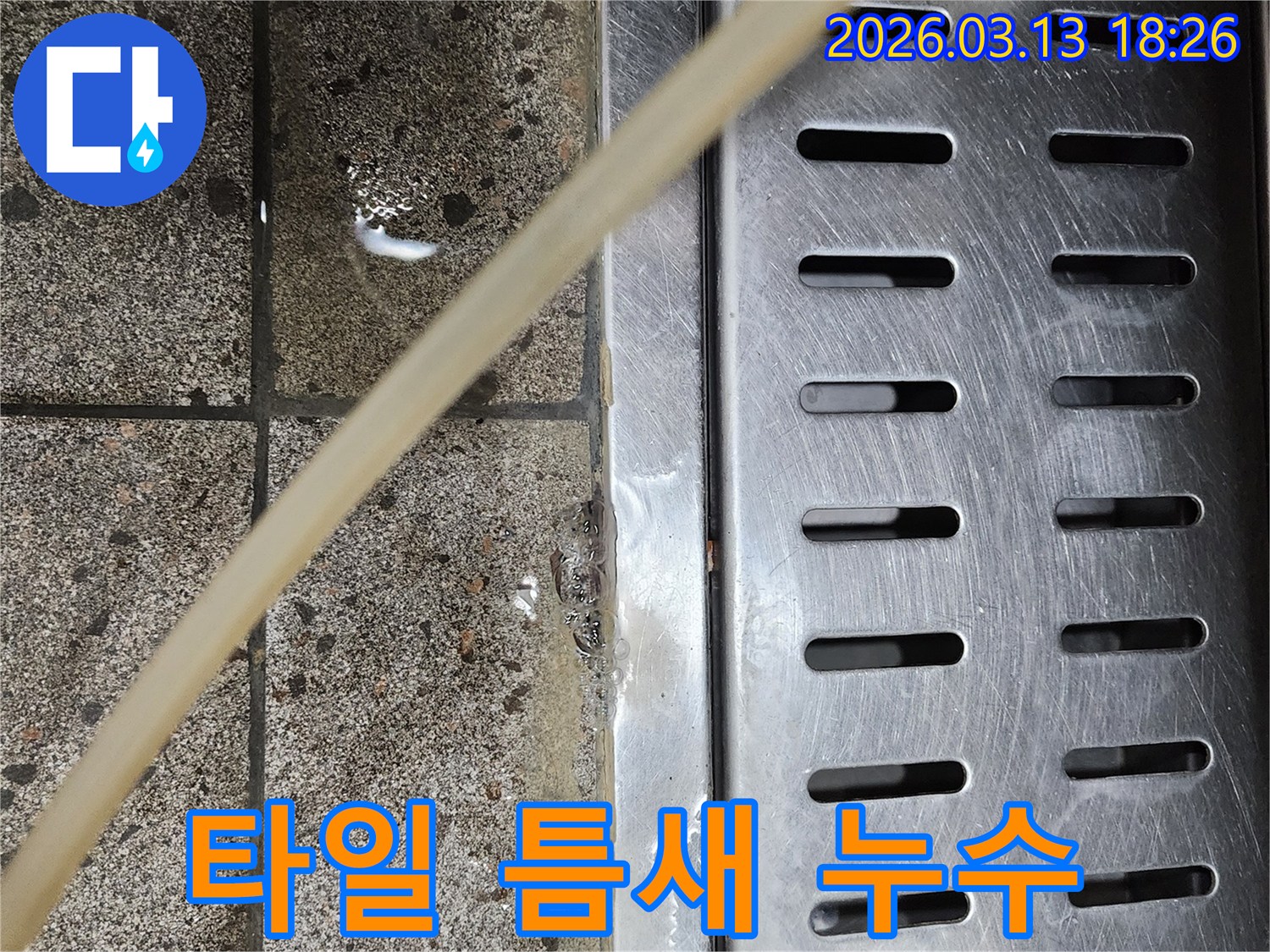 배수구-옆-타일-틈새에서-물이-새어-나오는-현장을-정확히-확인하는-사진입니다