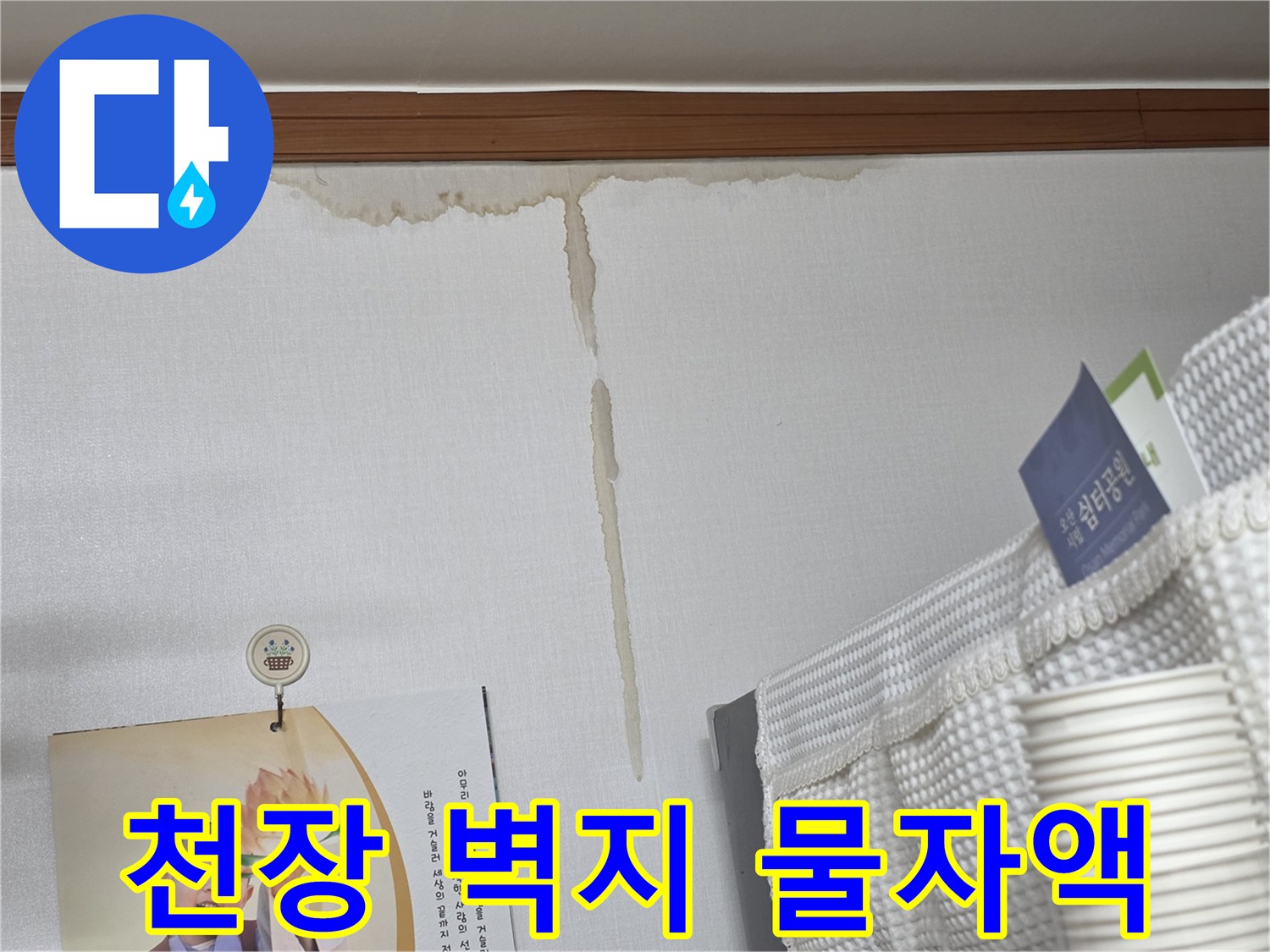 벽지 상단에 발생한 누수 흔적과 갈색 얼룩
