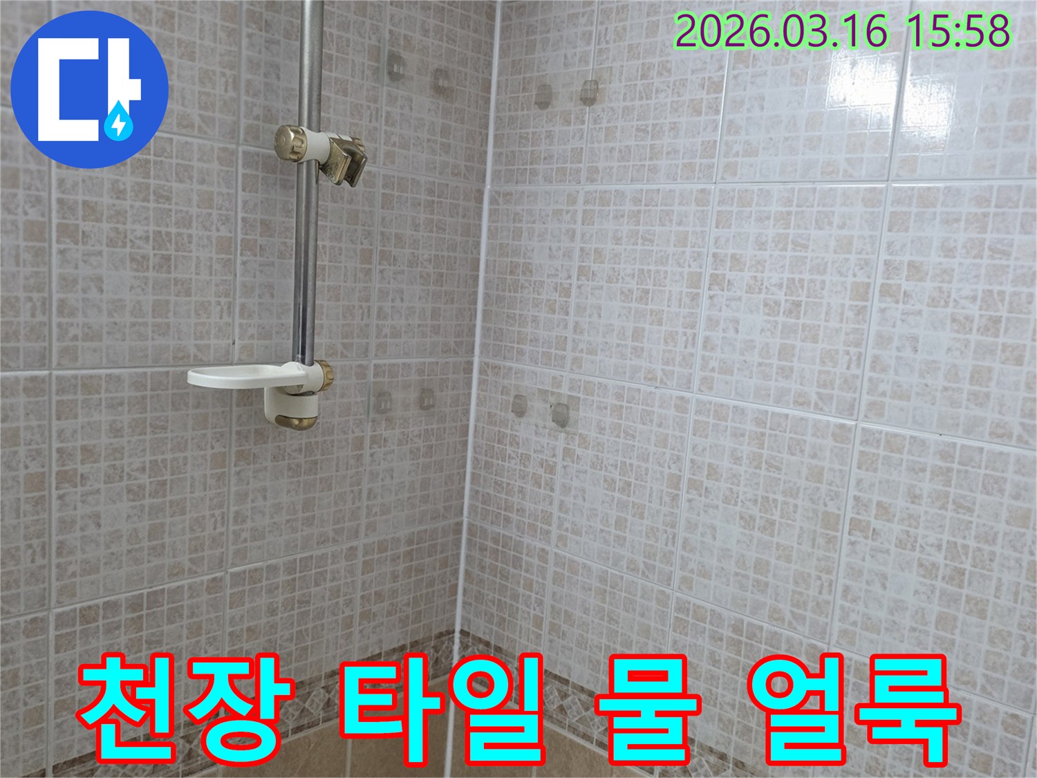 아파트 욕실 천장 타일에 물이 스며들어 생긴 얼룩으로-누수 전문가가 현장을 확인하는 모습