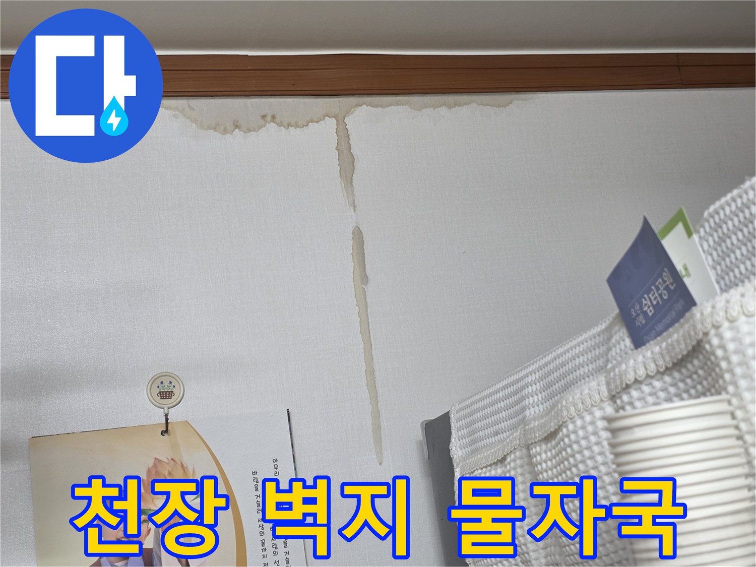 천장 벽지에 발생한 갈색 누수 얼룩과 물길 흔적